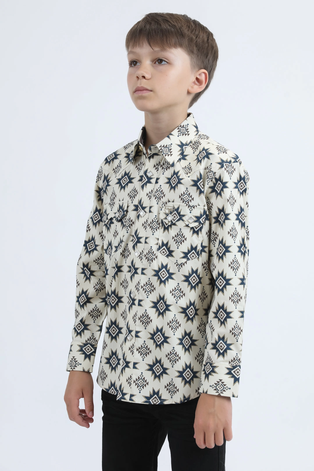 Fashion staples Classic Look Kid's Western Modern Fit Cotton/Spandex Long Sleeve Beige Shirt with Snaps