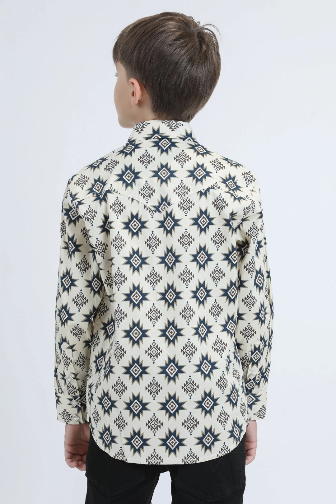 Bold Statement Kid's Western Modern Fit Cotton/Spandex Long Sleeve Beige Shirt with Snaps