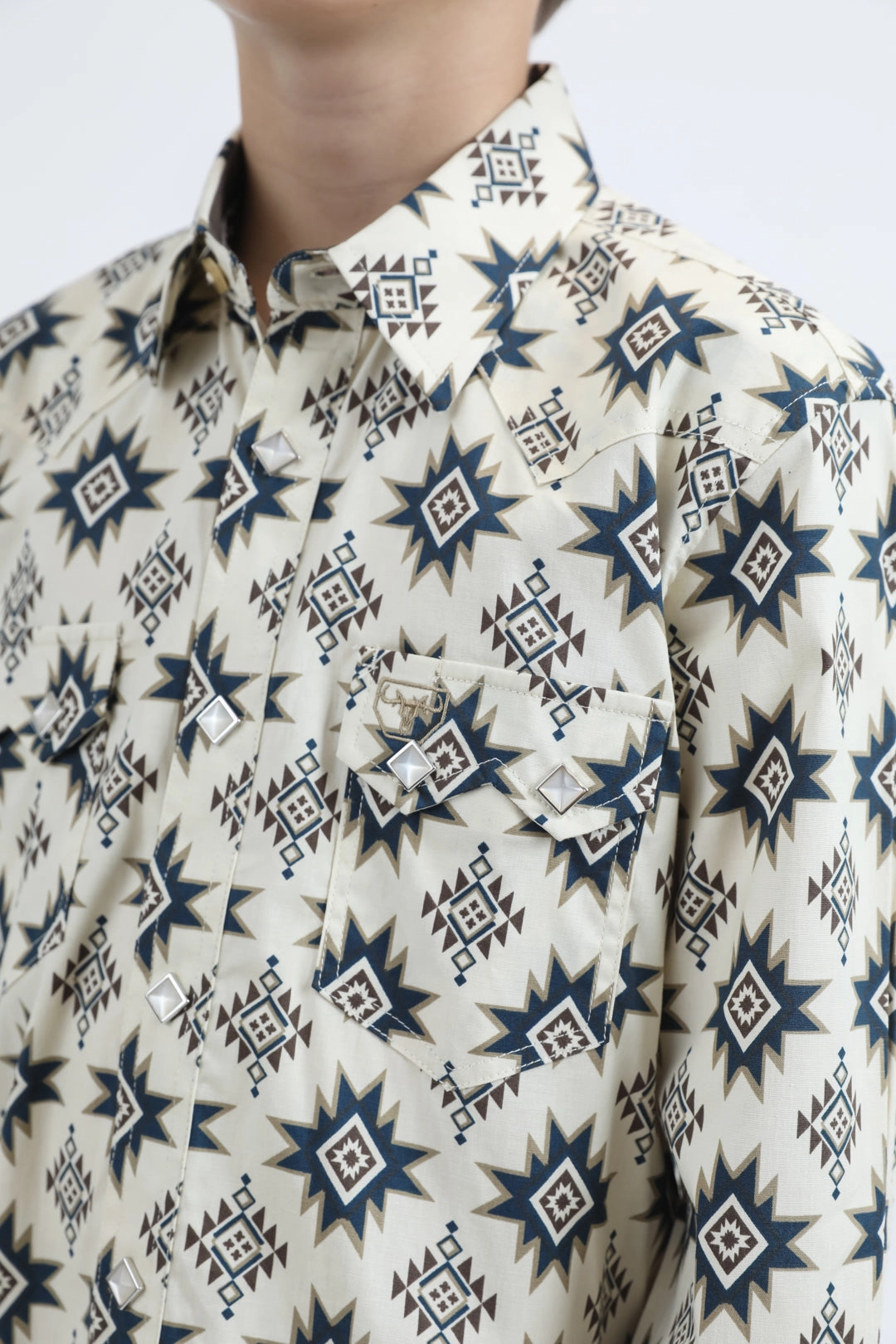 Handcrafted Detail Micro Perforated Texture Kid's Western Modern Fit Cotton/Spandex Long Sleeve Beige Shirt with Snaps