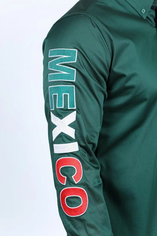 Loose style Casual Vibe Men??s Single Pocket Logo Modern Fit Stretch Mexico Dress Shirt - Green