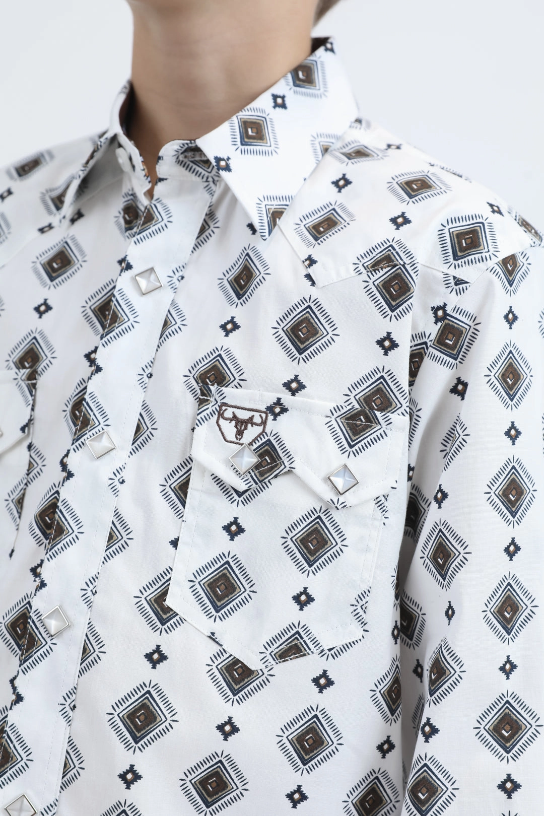 On-The-Go Style Eye-Catching Pattern Kid's Western Modern Fit Cotton/Spandex Long Sleeve Blue Shirt with Snaps