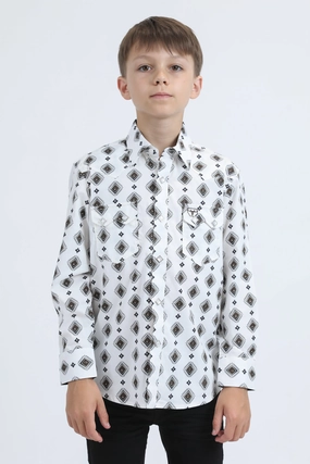 Kid's Western Modern Fit Cotton/Spandex Long Sleeve Blue Shirt with Snaps Polo Style Non Chafe Seams