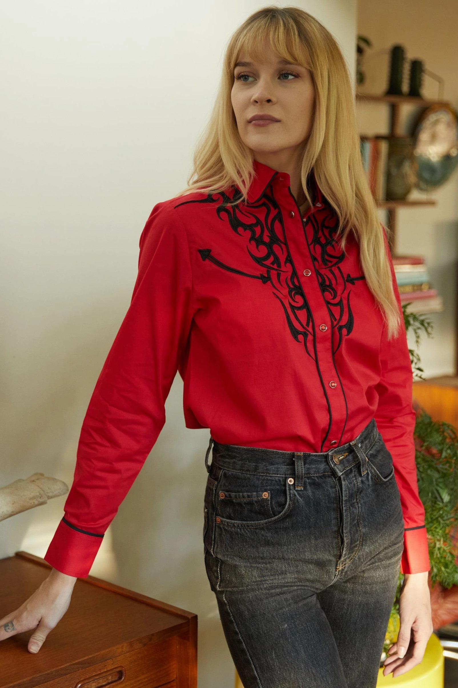 Ladies Cotton Red Embroidery Western Shirt Anti Static Lining Premium Style