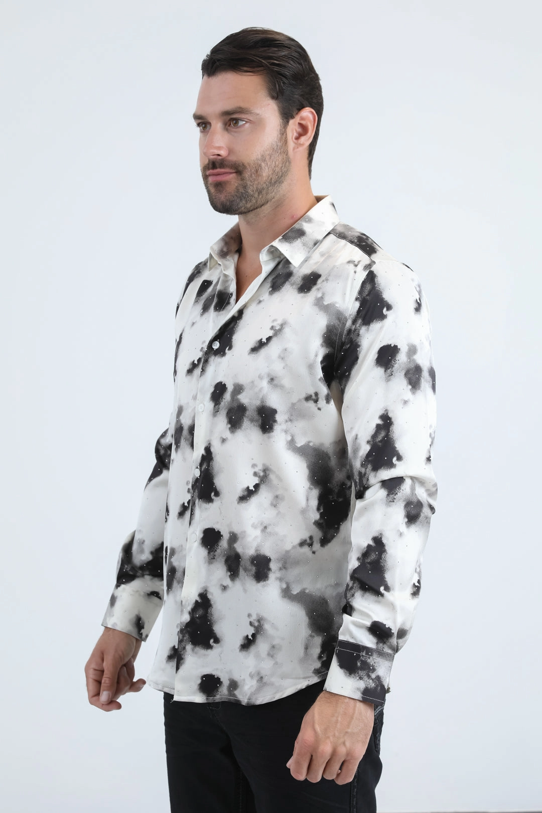 Mens Jacquard Fabric Print Modern Fit Long Sleeve White Shirt Wardrobe Staple Layered Design