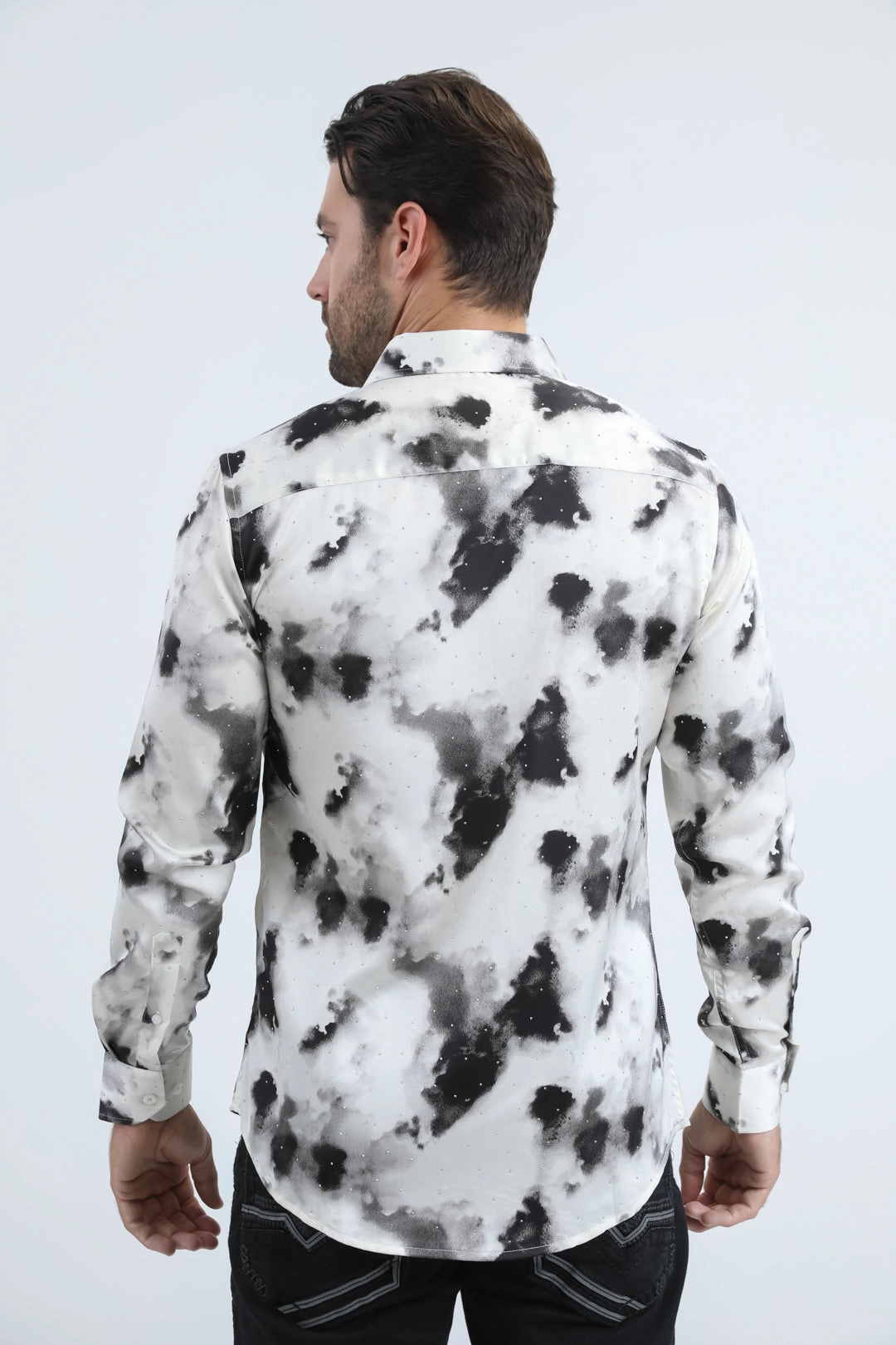 Workwear Style V-neck style Mens Jacquard Fabric Print Modern Fit Long Sleeve White Shirt