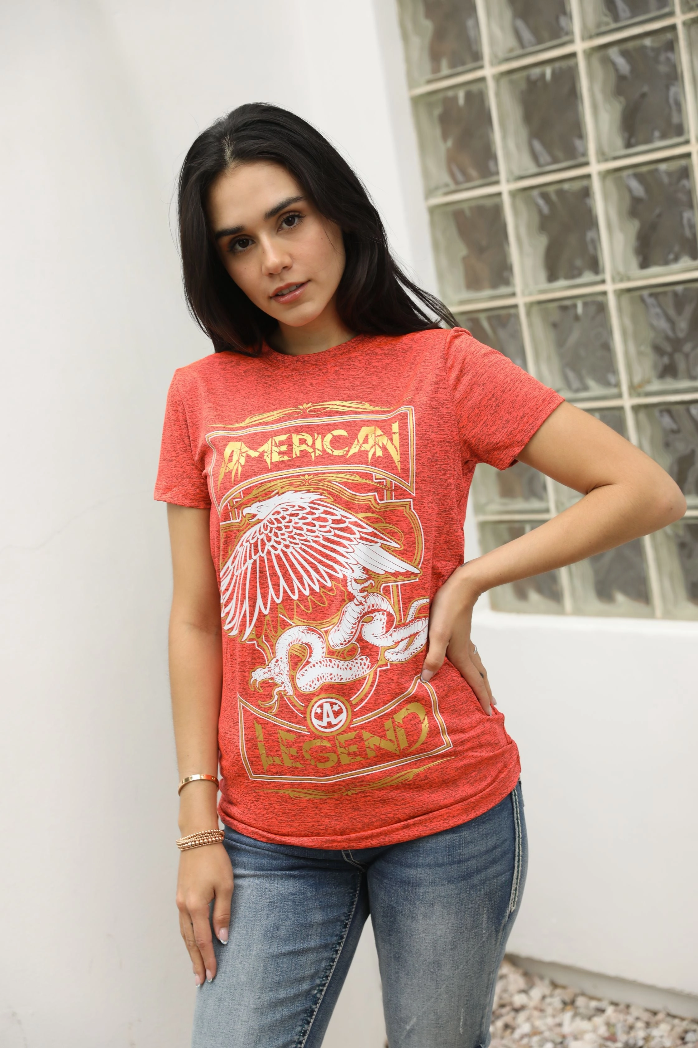 Women's Cotton American Legend Graphic Print Pink T-shirt Laser Cut Edges