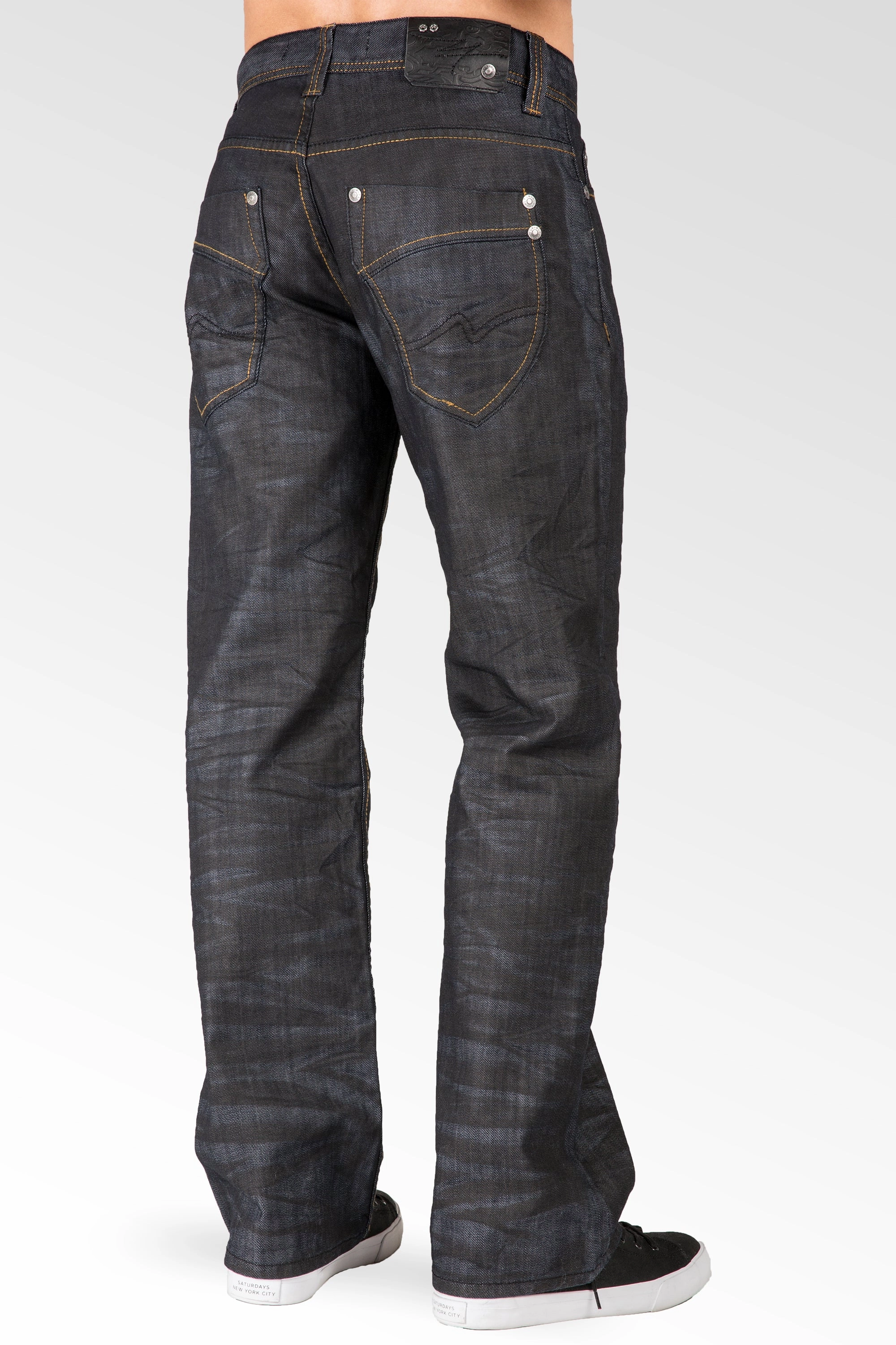 Black Coated Midrise Relaxed Bootcut Premium Denim 5 Pocket Jeans Overspray Wash Fairy Core Breathable Lamination