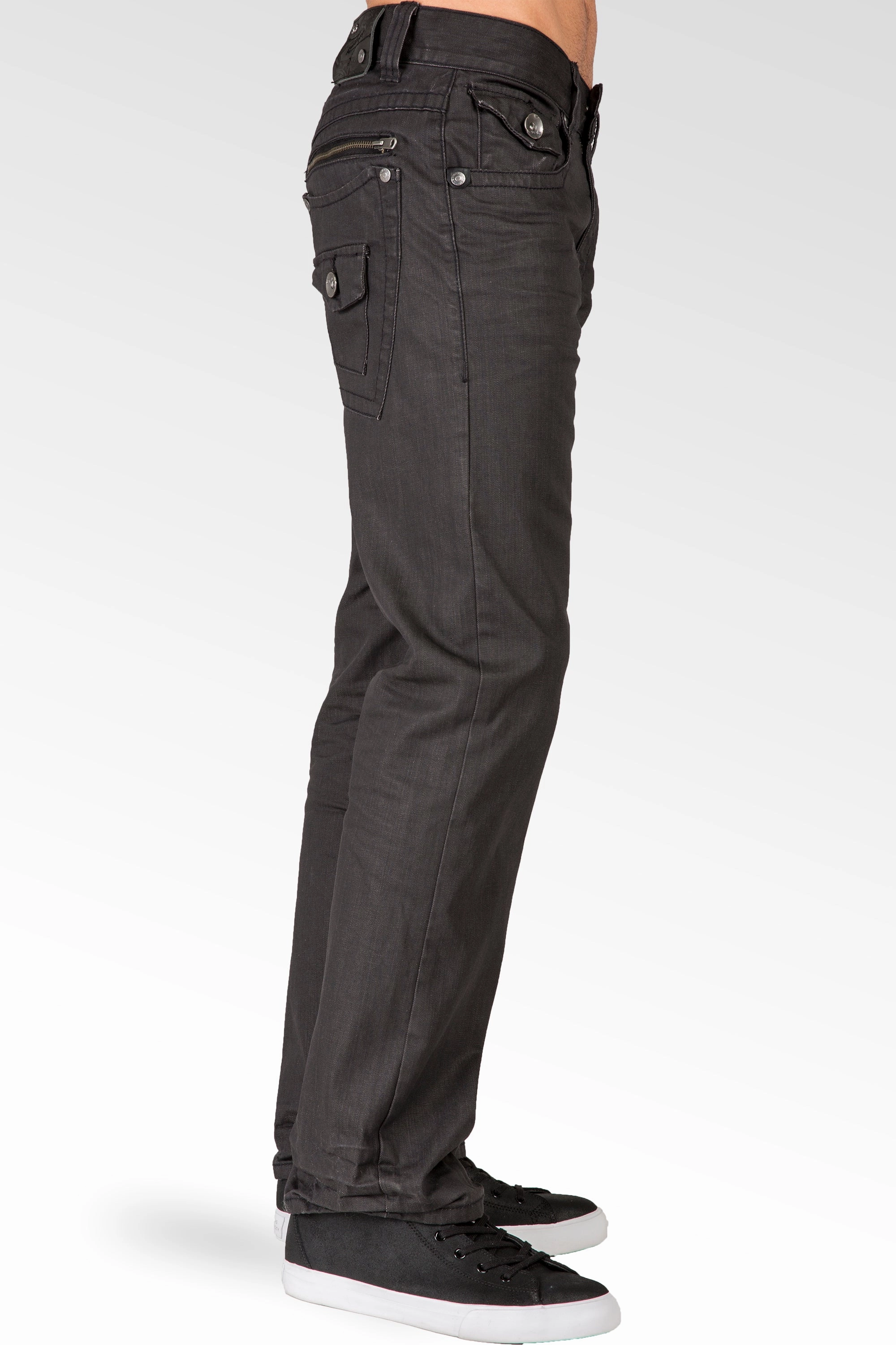 Black Premium Coated Denim Relaxed Straight Jeans Throwback Style Zipper Trim Pockets ReflectiveTrimDetails