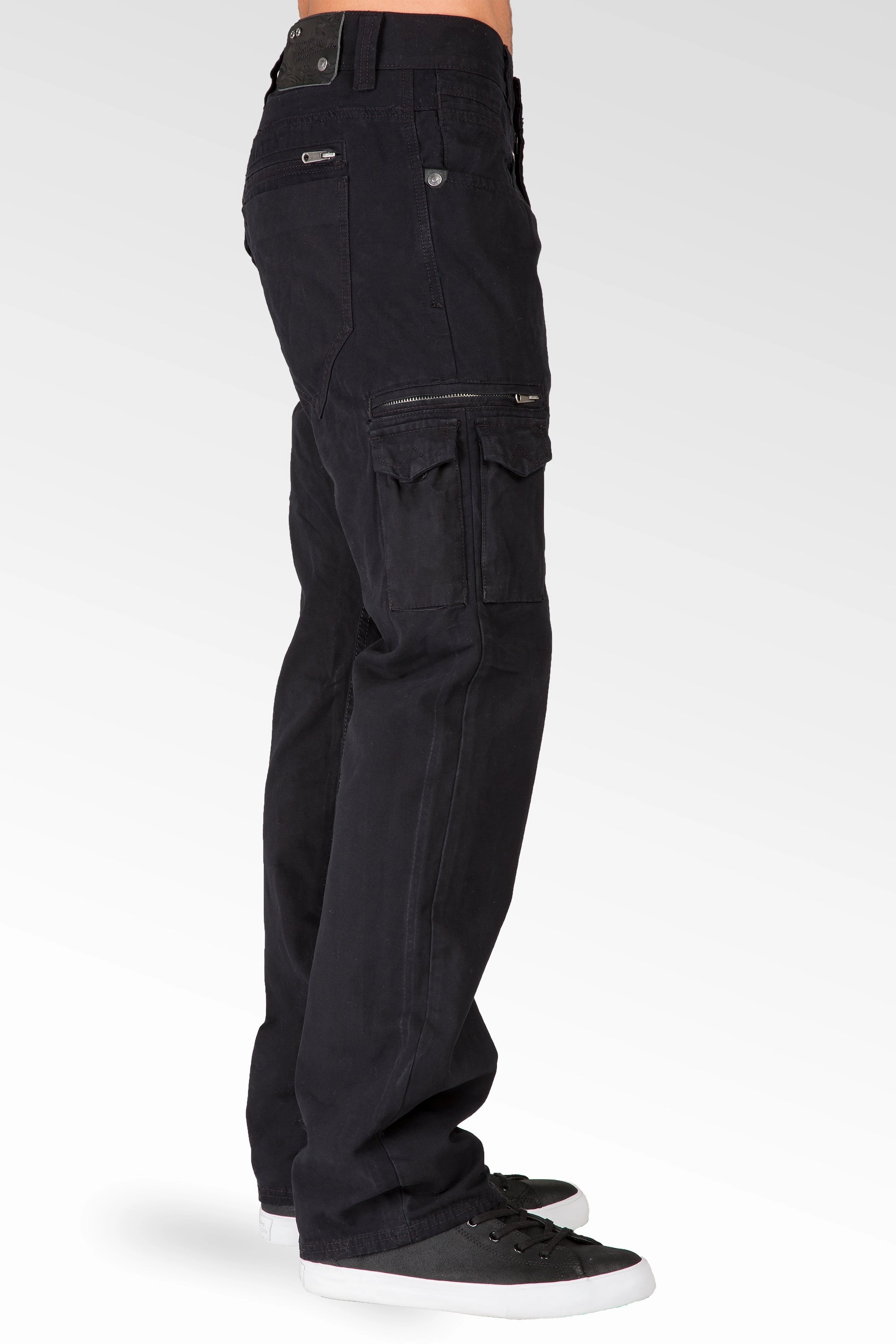 Black Relaxed Straight Premium Canvas Zipper Cargo Pocket Jeans, Garment Washed Winter Wear