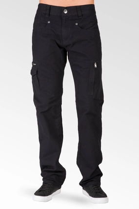 Black Relaxed Straight Premium Canvas Zipper Cargo Pocket Jeans, Garment Washed clean look Metro Mode