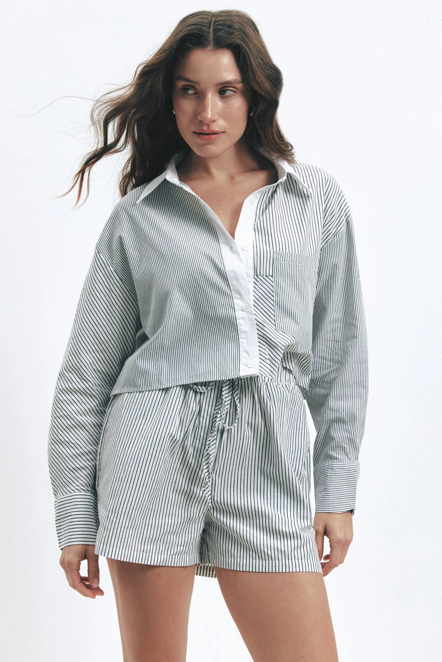 Black Stripe Cropped Shirt Subtle Details Versatile Outfit