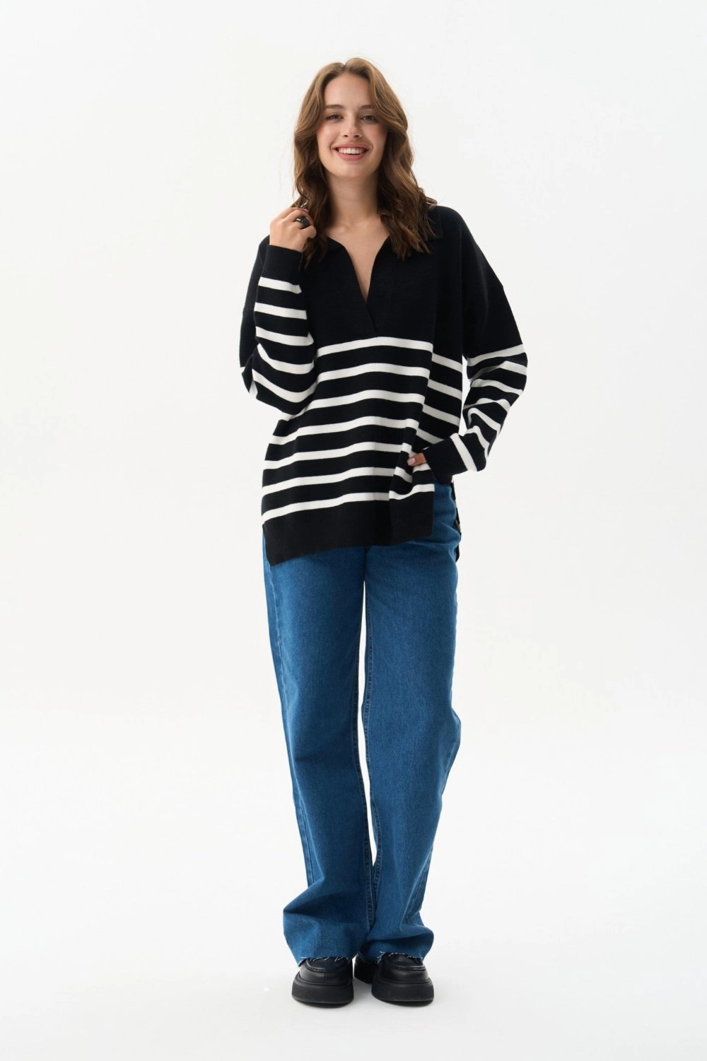 Black Striped Polo Sweater Snuggle Ready Seasonal Warmth