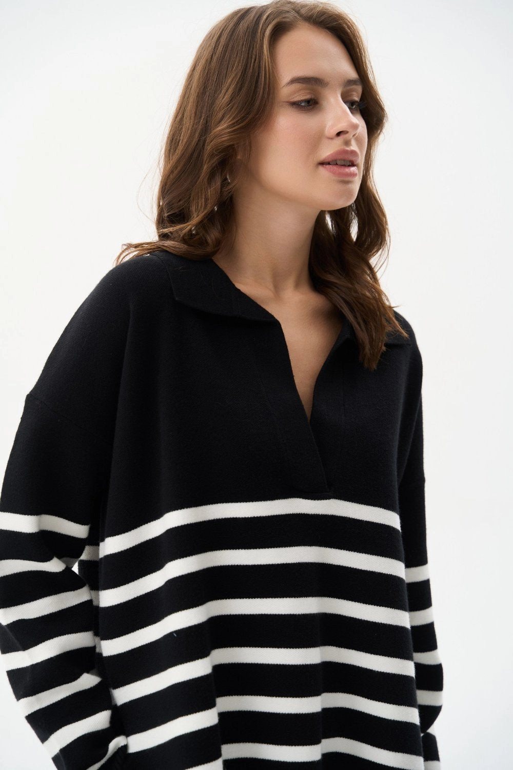 Casual Fashion Warm Knit Black Striped Polo Sweater