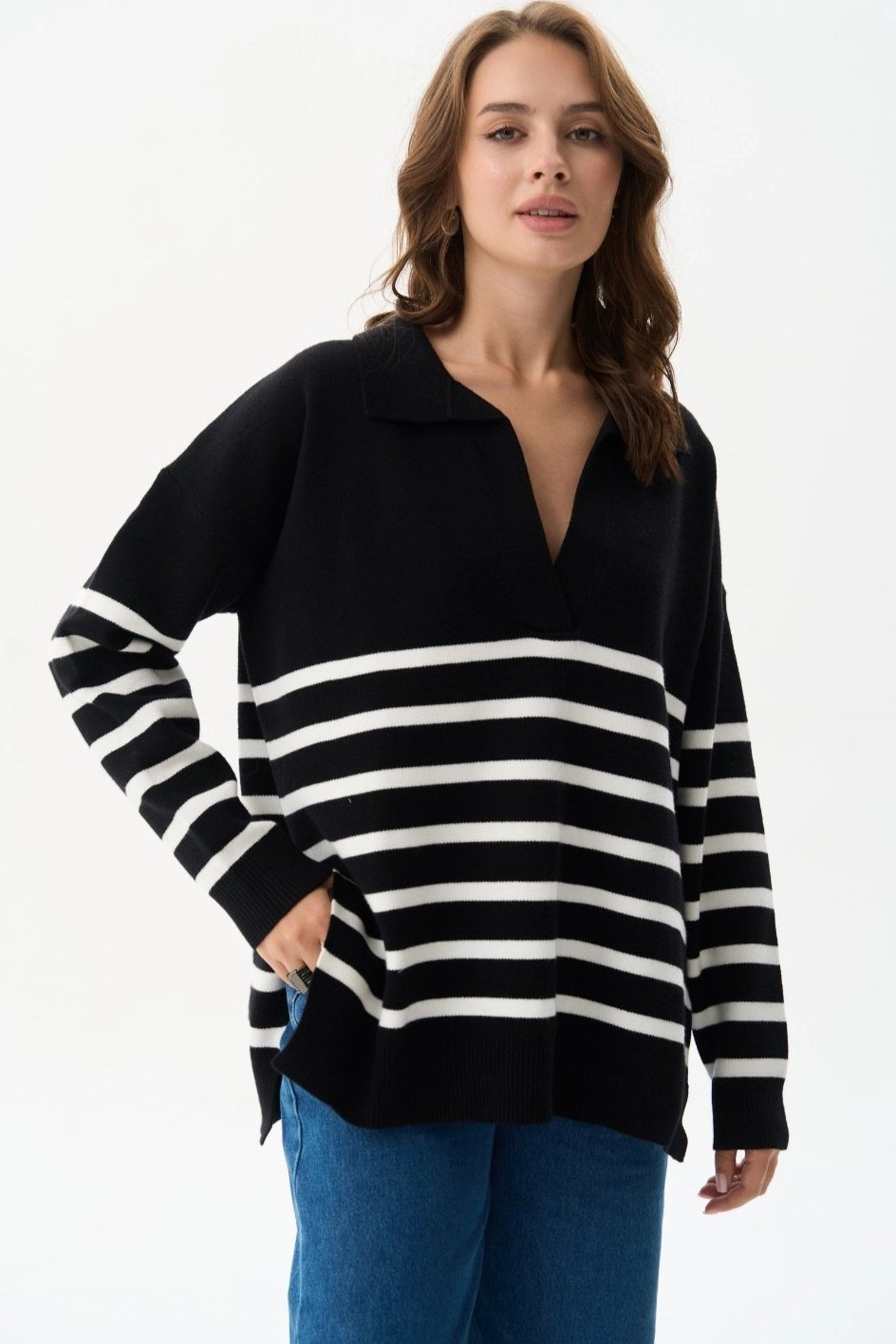 Black Striped Polo Sweater Soft Feel Flexible Fit