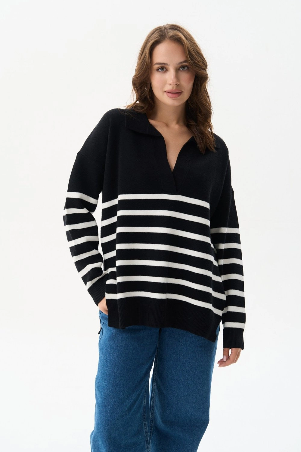 Black Striped Polo Sweater Knitwear Essential Breathable Knitwear