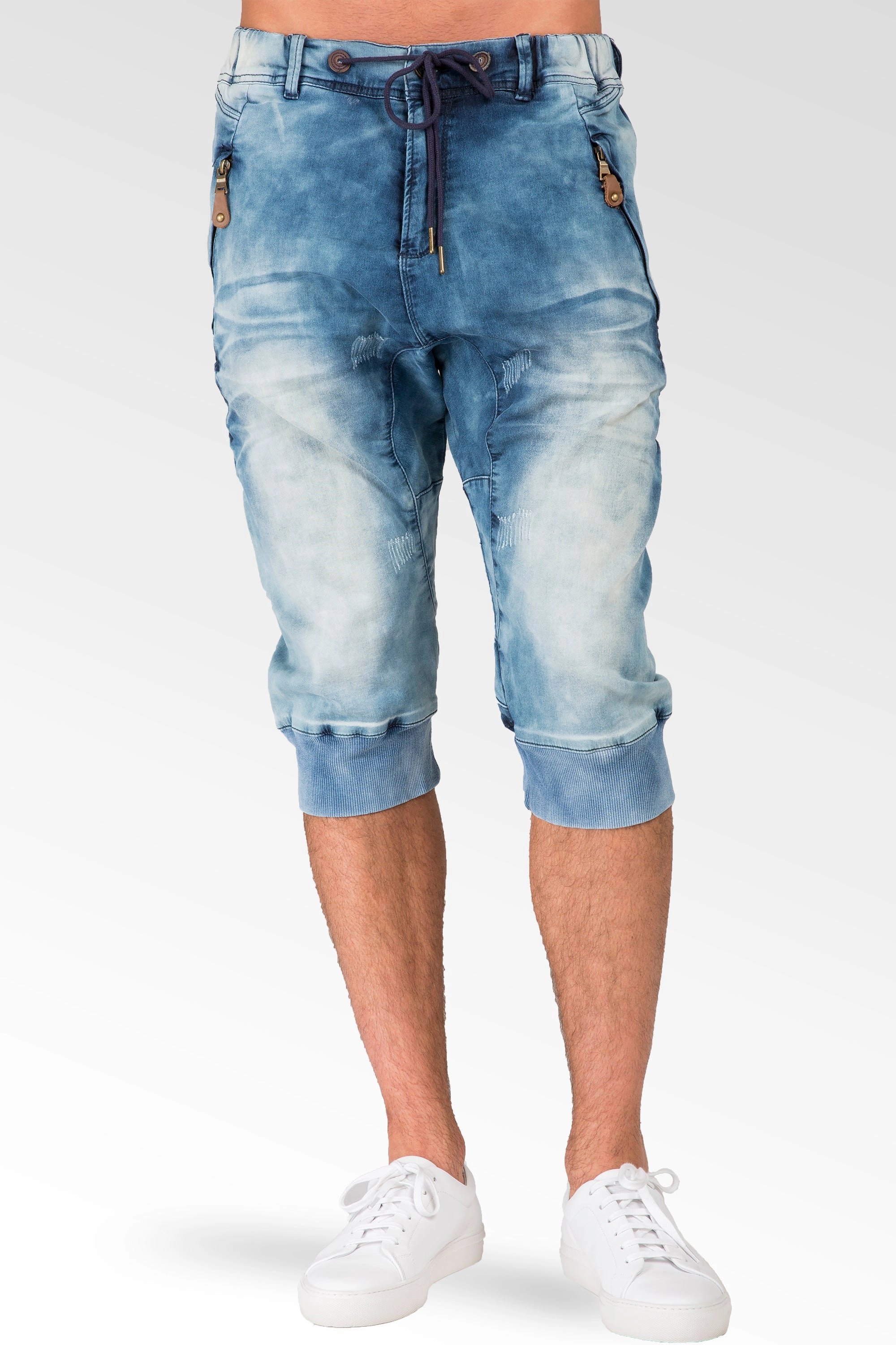 Sunset Scene Bleached Cloud Blue Premium Knit Denim Zip Pocket 18" Jogger Capri Rib Bottom