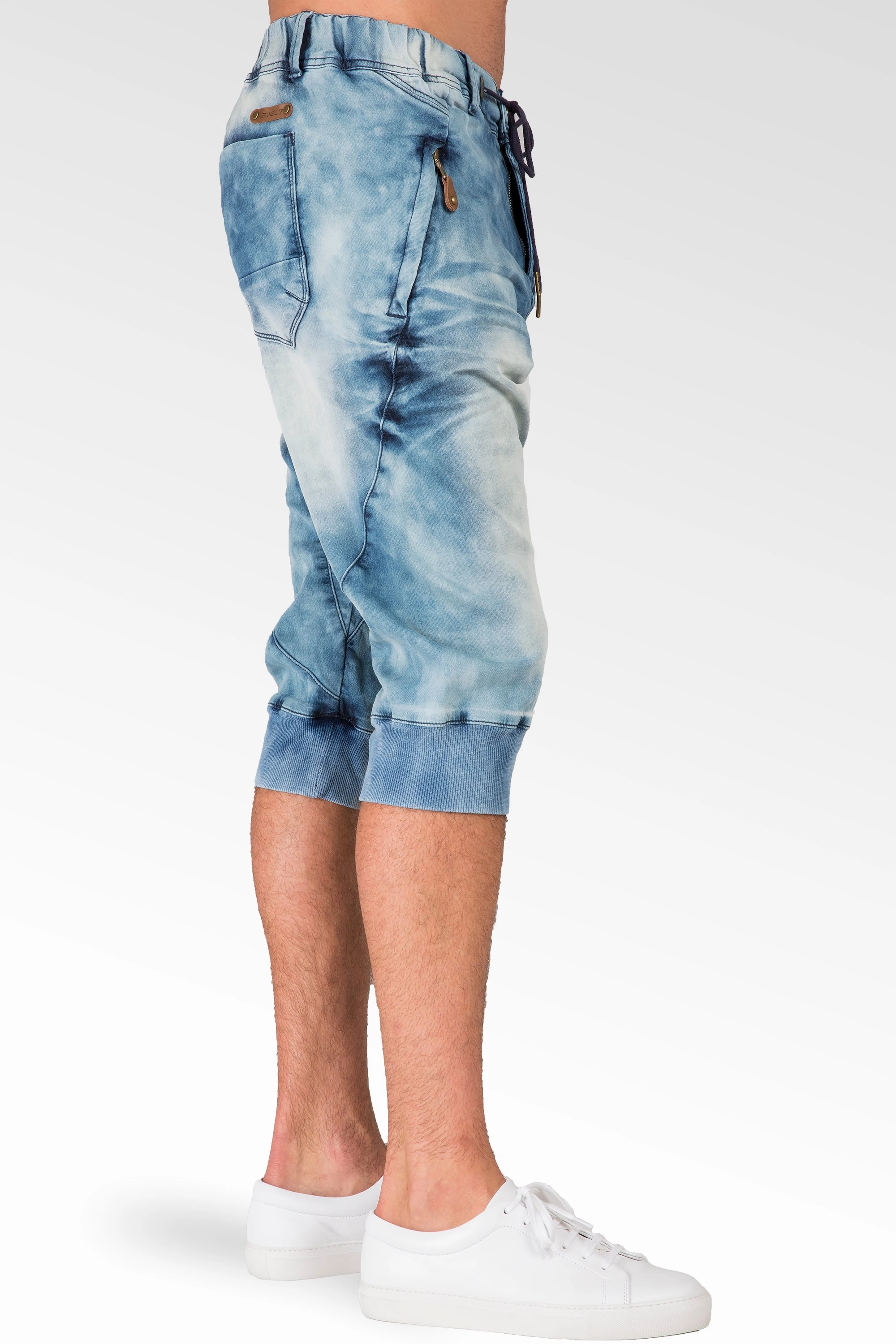 Bleached Cloud Blue Premium Knit Denim Zip Pocket 18" Jogger Capri Rib Bottom Cool Design