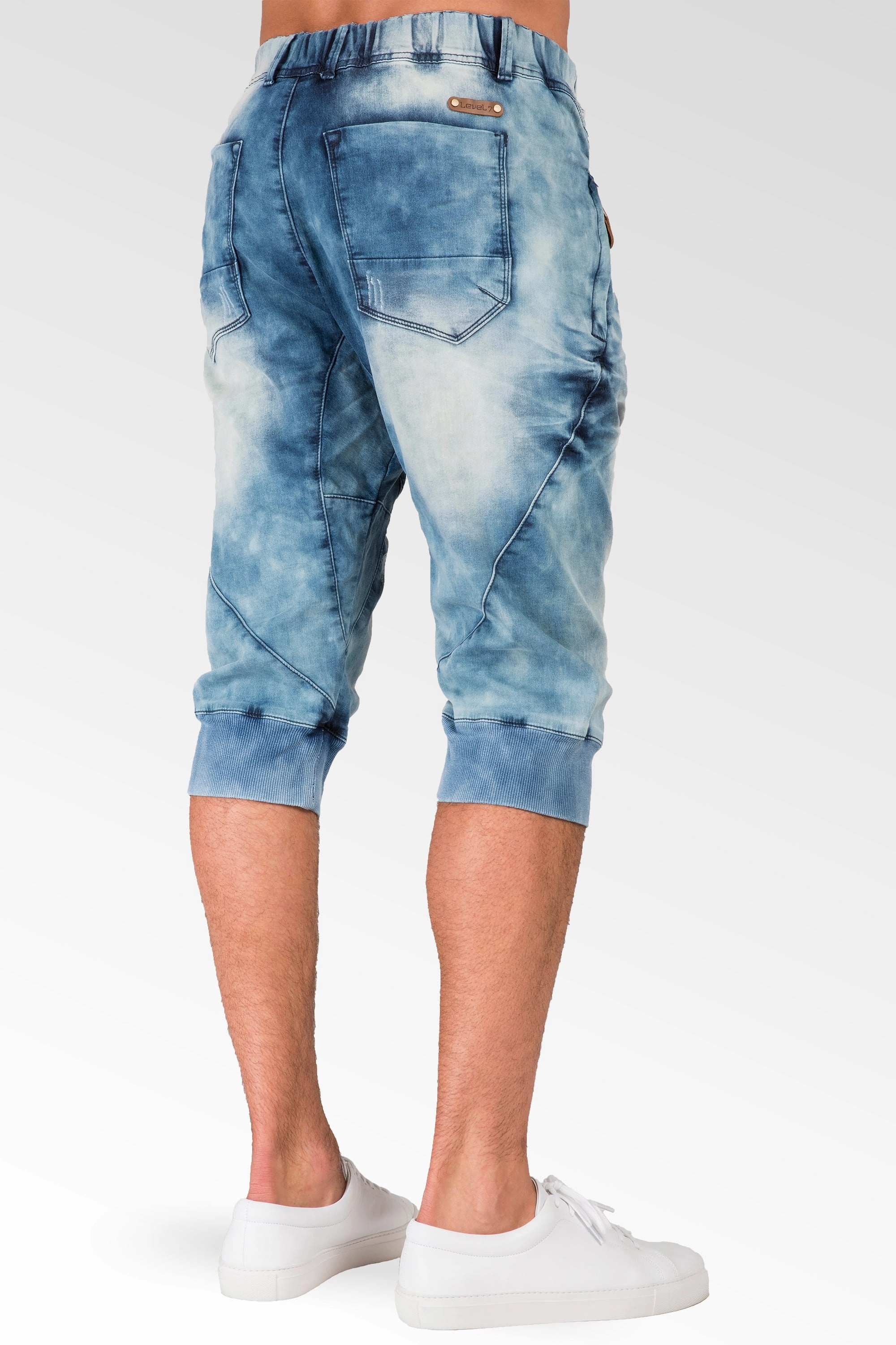 Street Icon Bleached Cloud Blue Premium Knit Denim Zip Pocket 18" Jogger Capri Rib Bottom