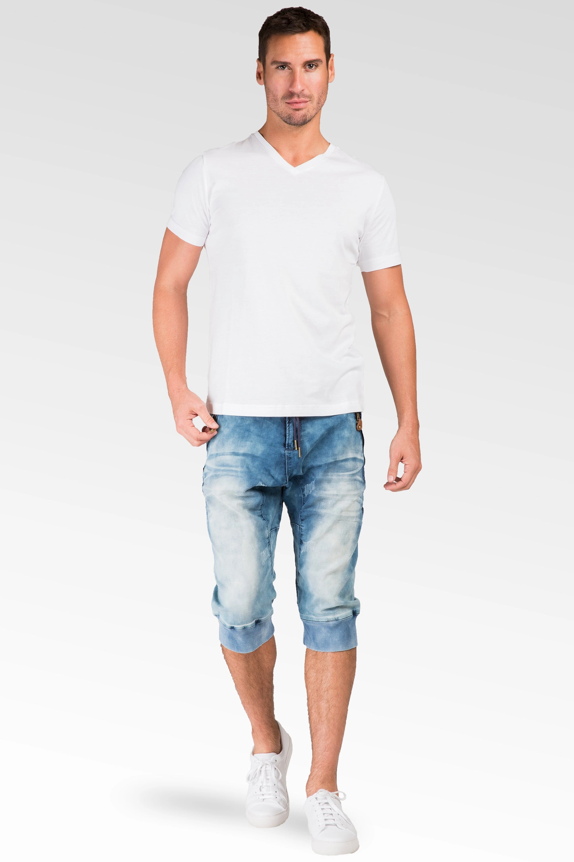 World Edge Bleached Cloud Blue Premium Knit Denim Zip Pocket 18" Jogger Capri Rib Bottom