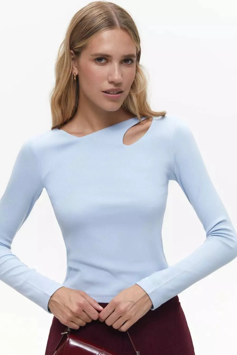 Blue Assymmetric Neckline Long Sleeve Top Plant