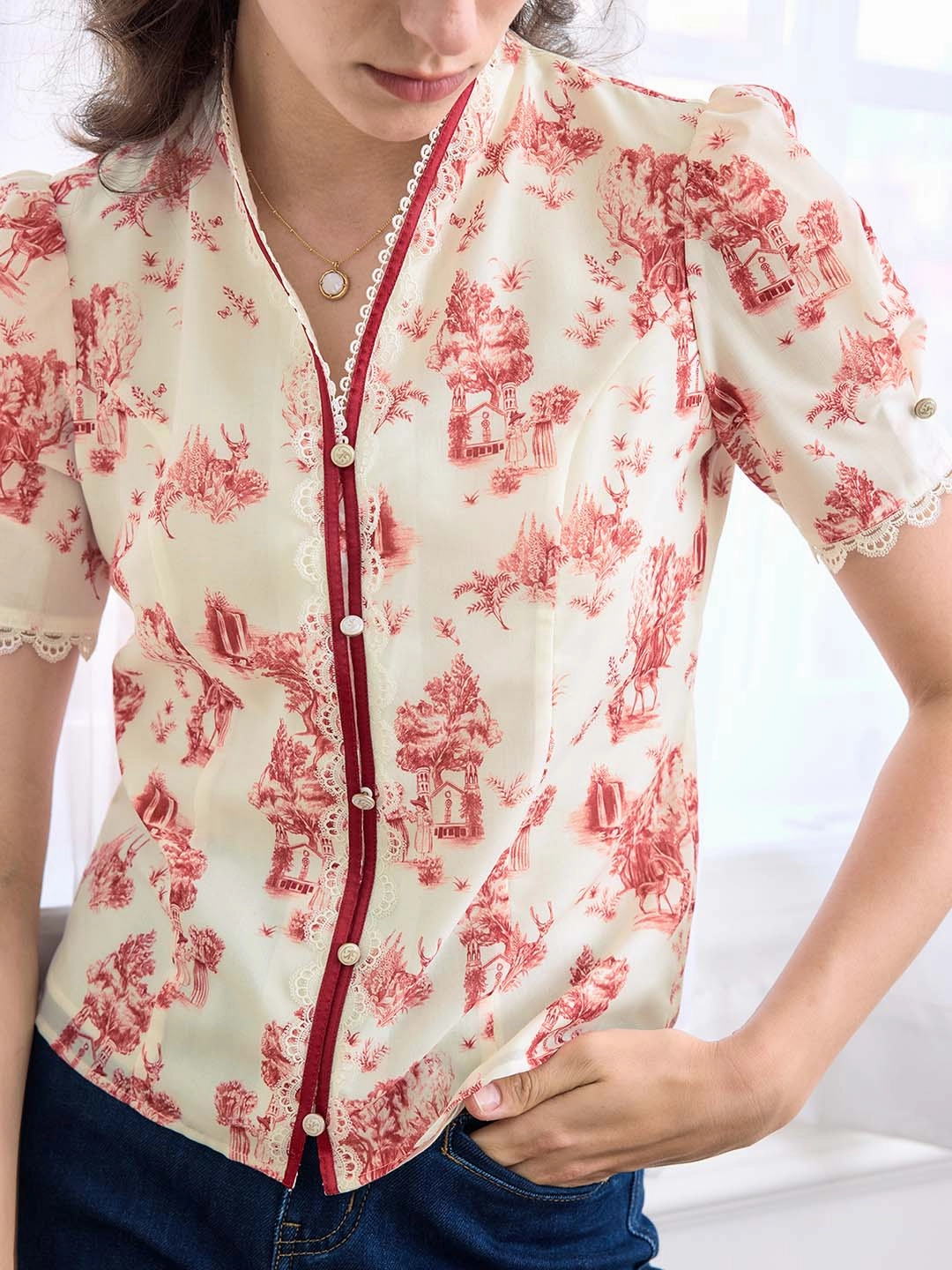 Briana Printed Stand Collar Blouse DoubleStitchReinforcement Trendy sneakers