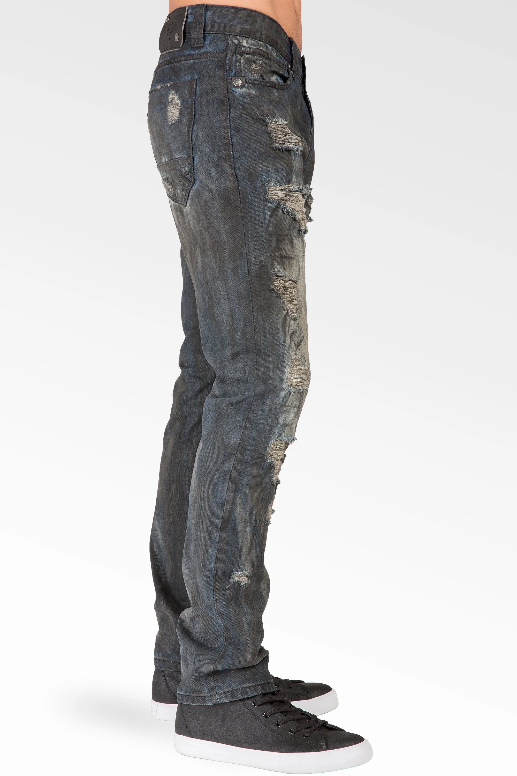 Men's Low Rise Slim Straight Dark Blue Premium Black Paint Brushed Jeans Neat Edge Ethical Mode