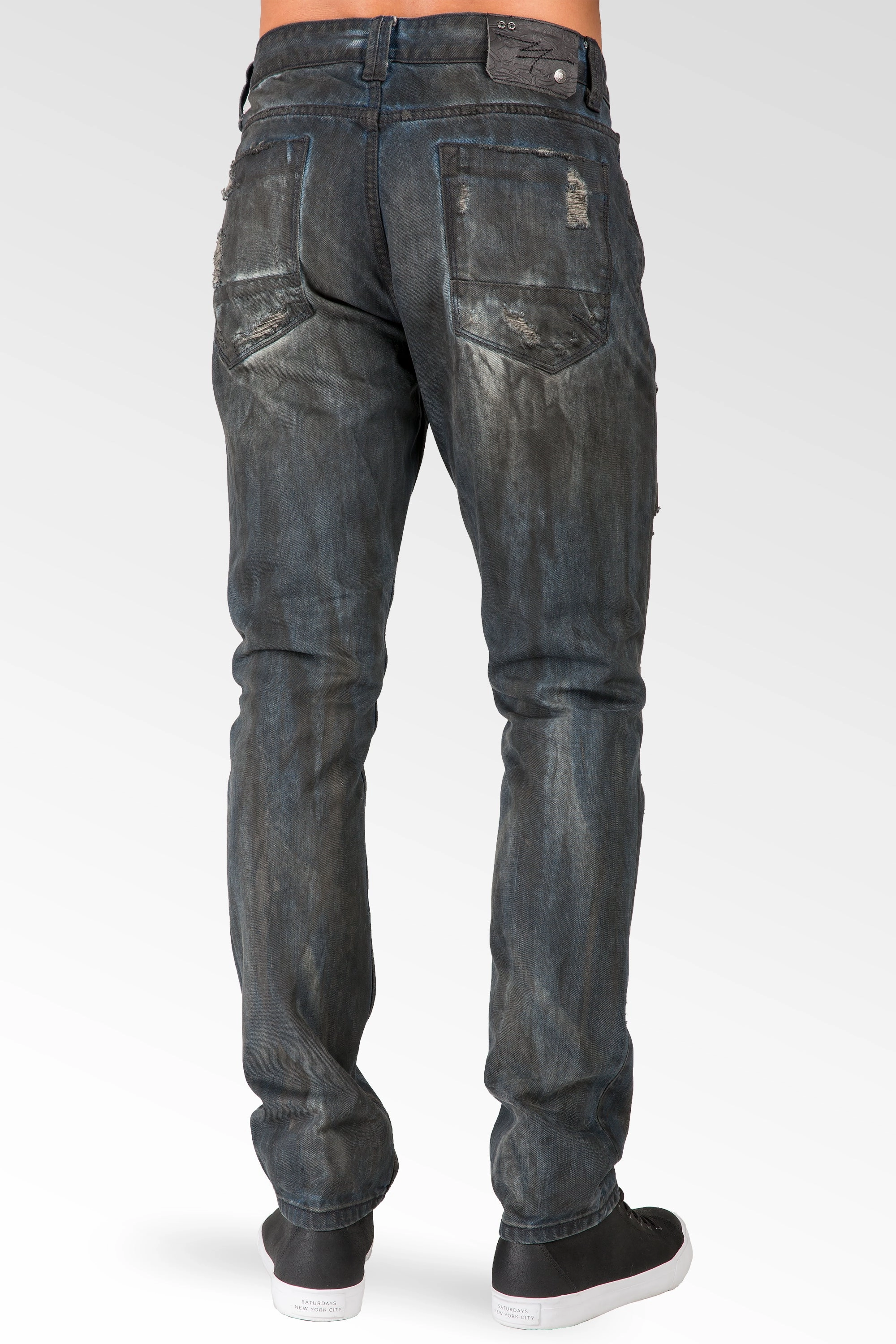 Story Glow Men's Low Rise Slim Straight Dark Blue Premium Black Paint Brushed Jeans