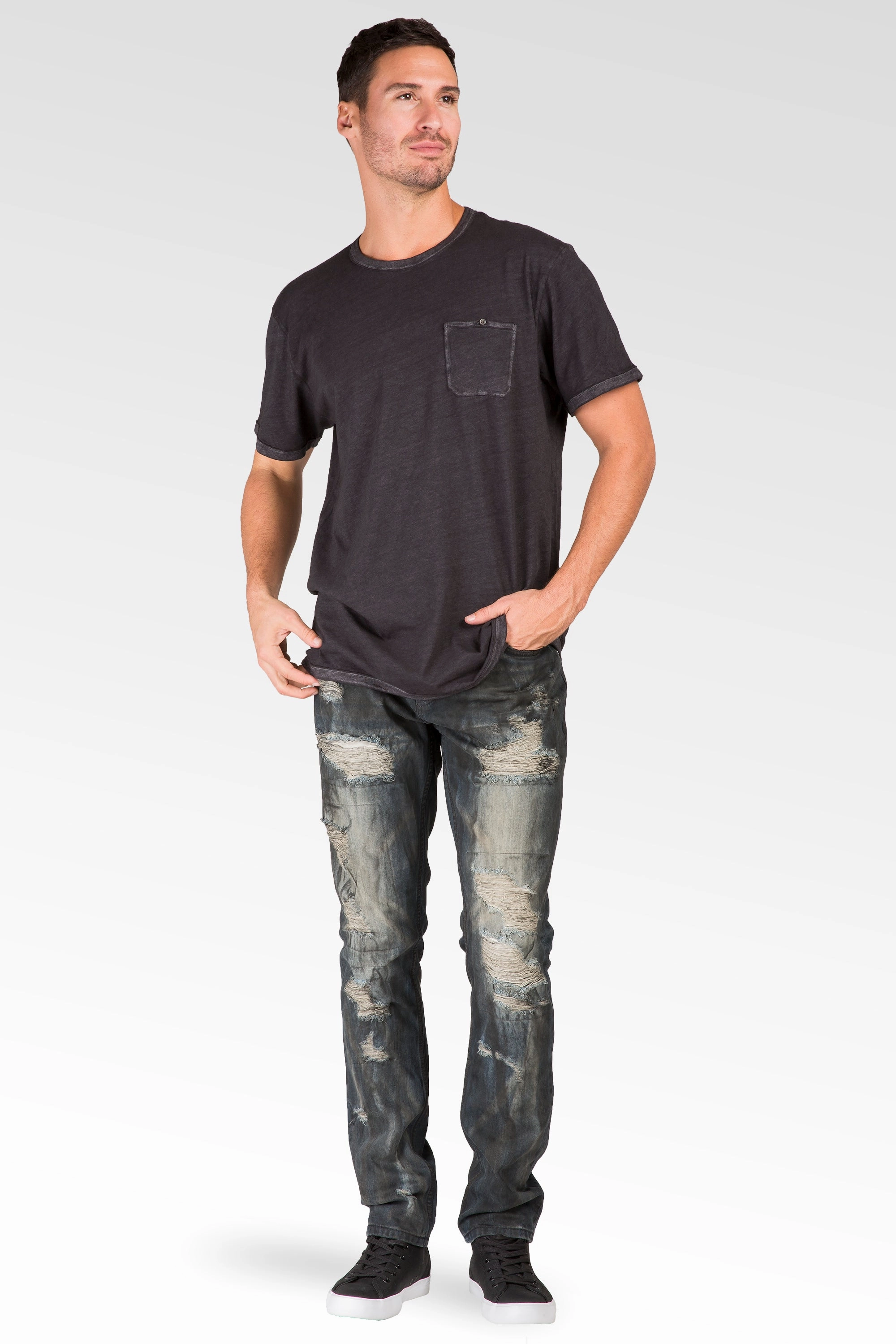 Men's Low Rise Slim Straight Dark Blue Premium Black Paint Brushed Jeans OdorResistantFabric UVProtection Coating