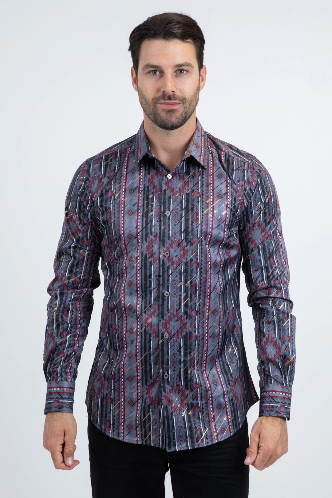 Spring Collection Premium Fabric Mens Modern Fit Stretch Foil Fashion Black Shirt