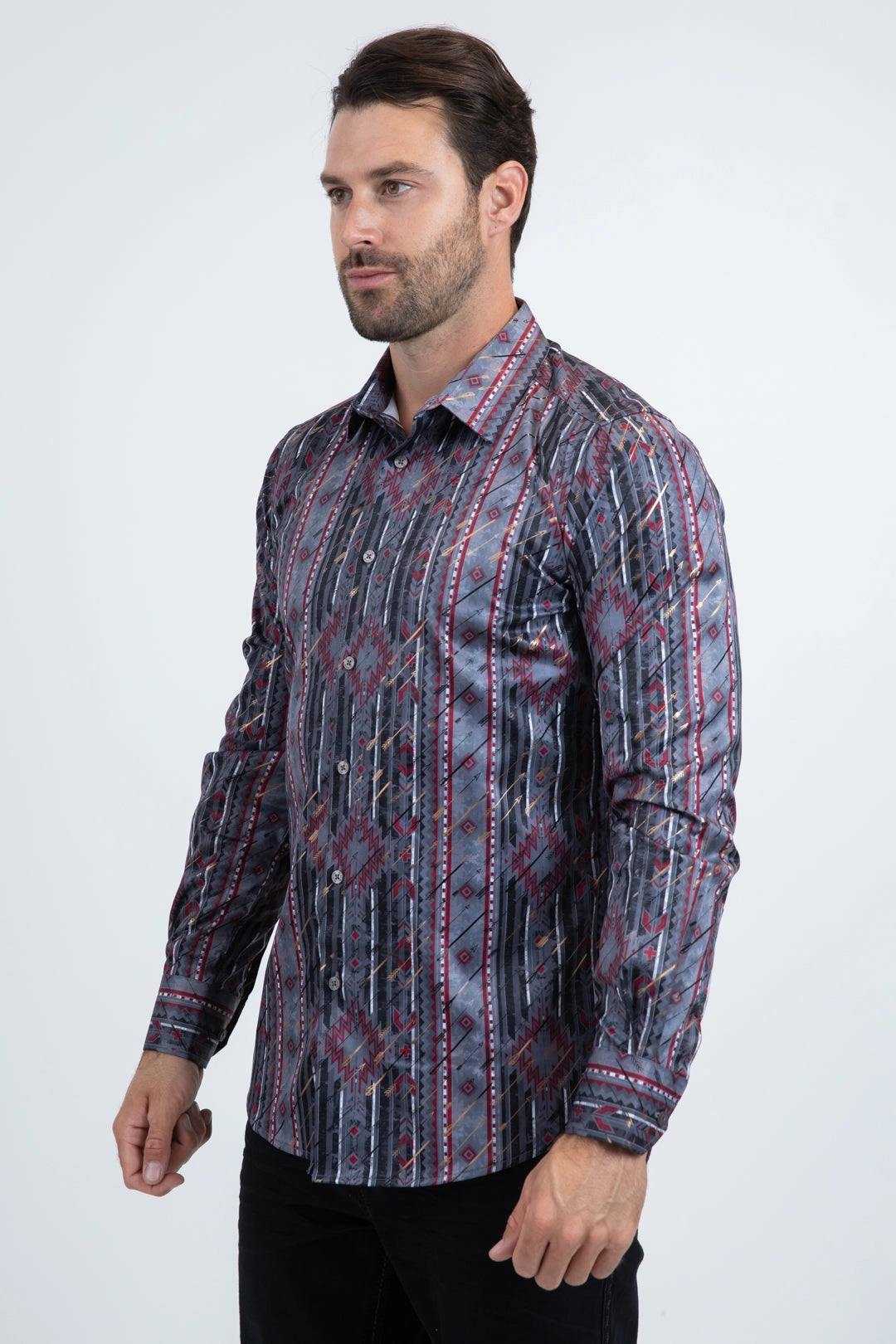 Double Needle Hemming Mens Modern Fit Stretch Foil Fashion Black Shirt