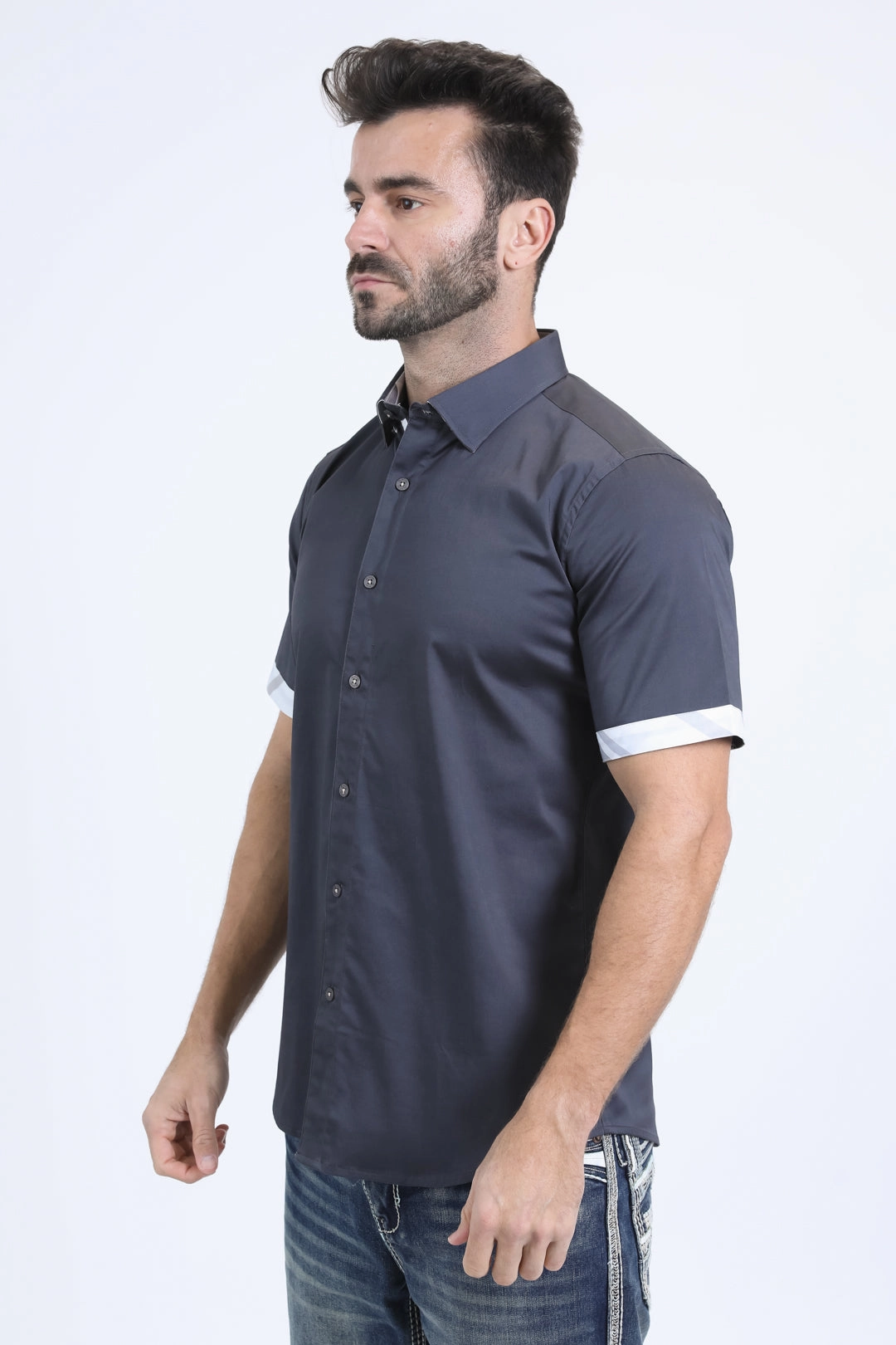 Smooth Finish Satin Cotton/Spandex Short Sleeve Charcoal Shirt