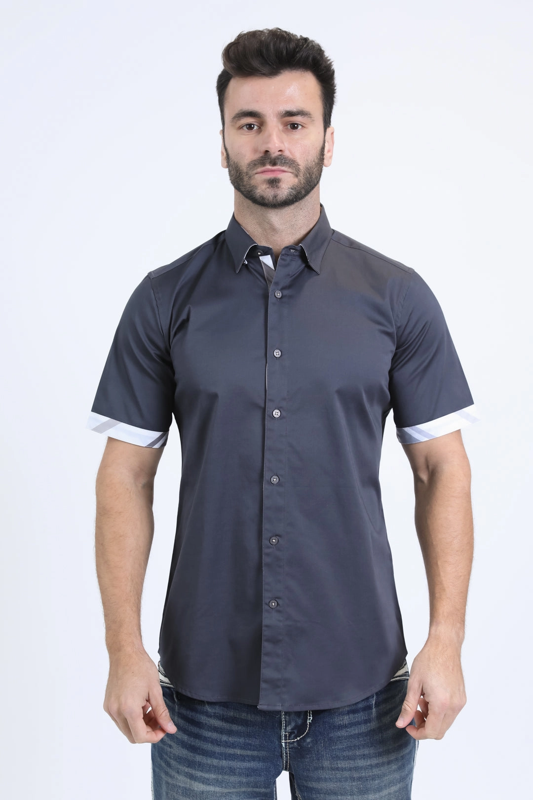 Geometric Print Satin Cotton/Spandex Short Sleeve Charcoal Shirt