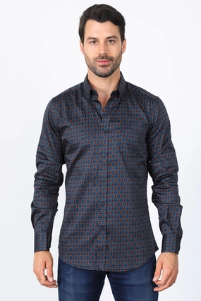 Button Down Design Anti-static Mens Satin Cotton Modern Fit Navy Long Sleeve Shirt