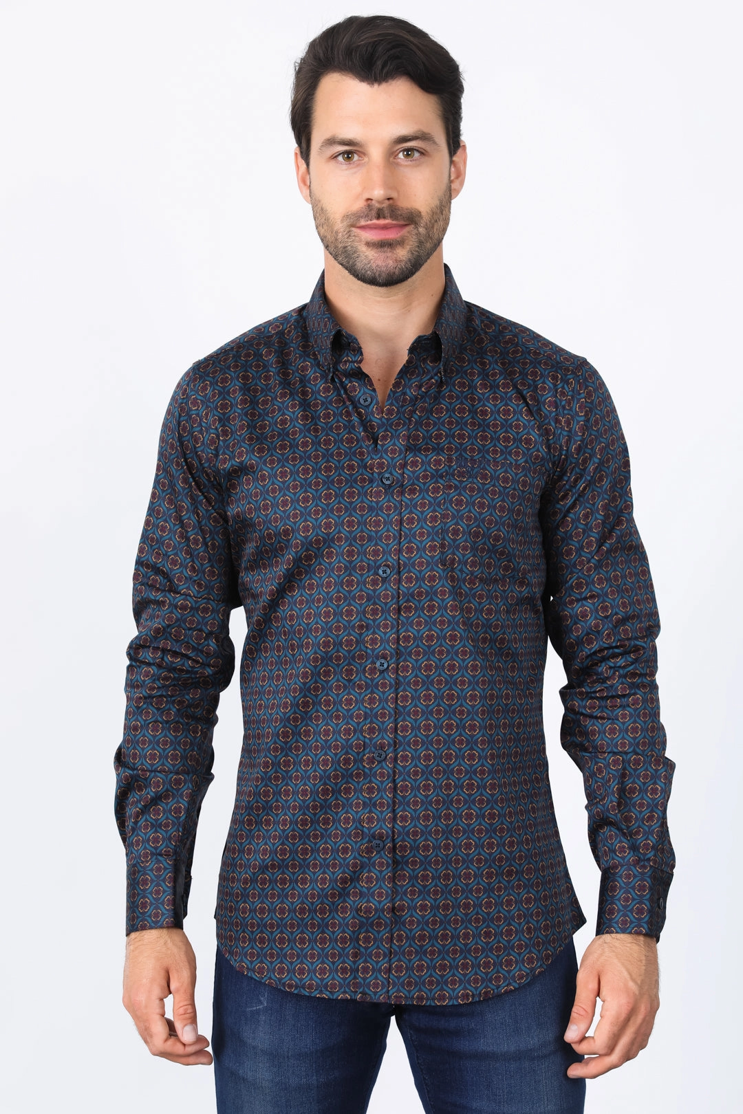 Button Down Design Anti-static Mens Satin Cotton Modern Fit Navy Long Sleeve Shirt