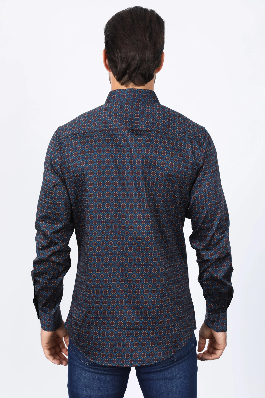 Mens Satin Cotton Modern Fit Navy Long Sleeve Shirt Reinforced Elbow Patches Minimalist Aesthetic