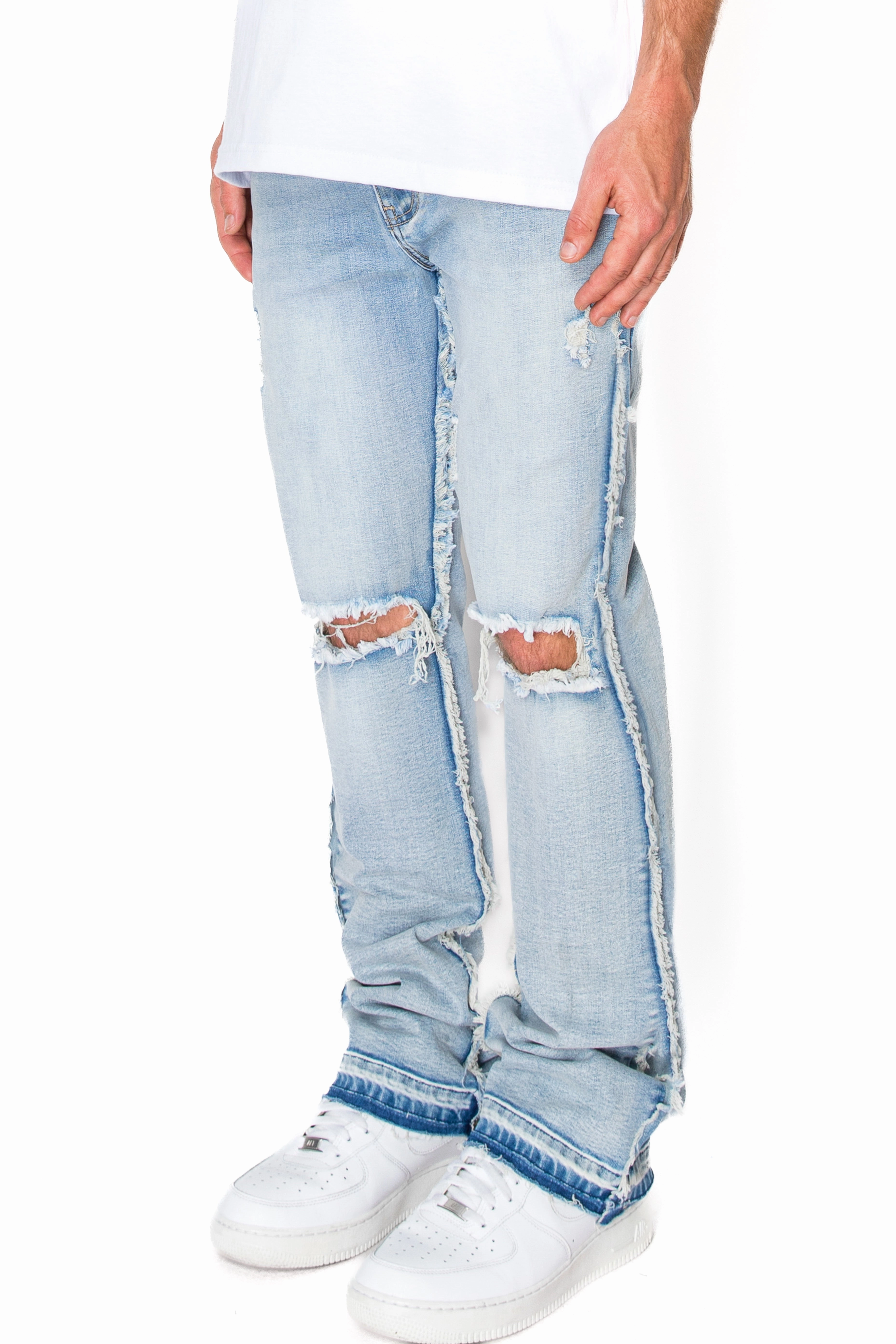 Low Impact Dye Urban Explorer Picnic Style Bootcut Raw Edge Denim Jeans Refined Pattern