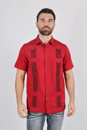 Geometric Pattern Flexible Placket Structure Men's Modern Red GUAYABERA Shirt
