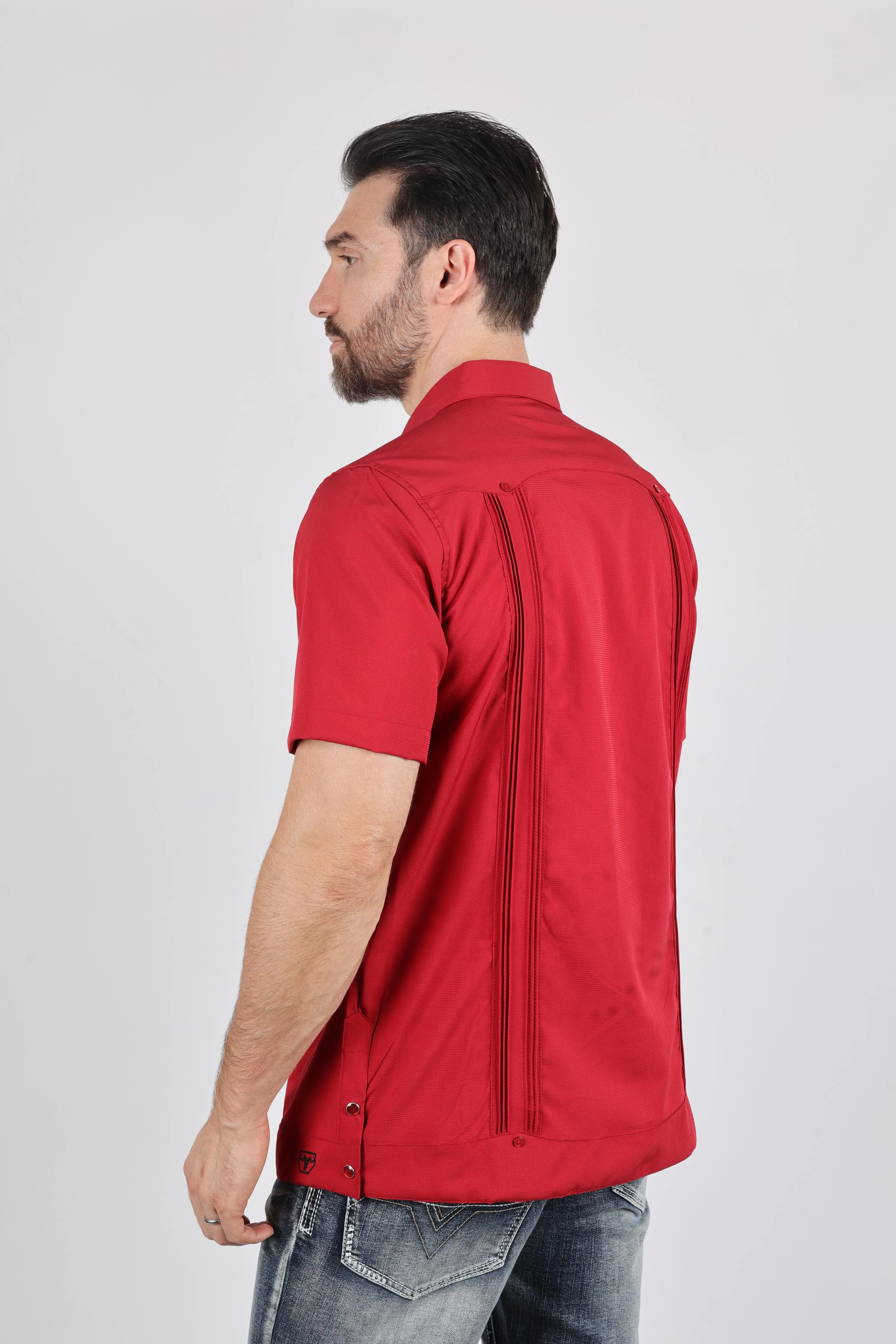 Two Tone Stitching Men's Modern Red GUAYABERA Shirt
