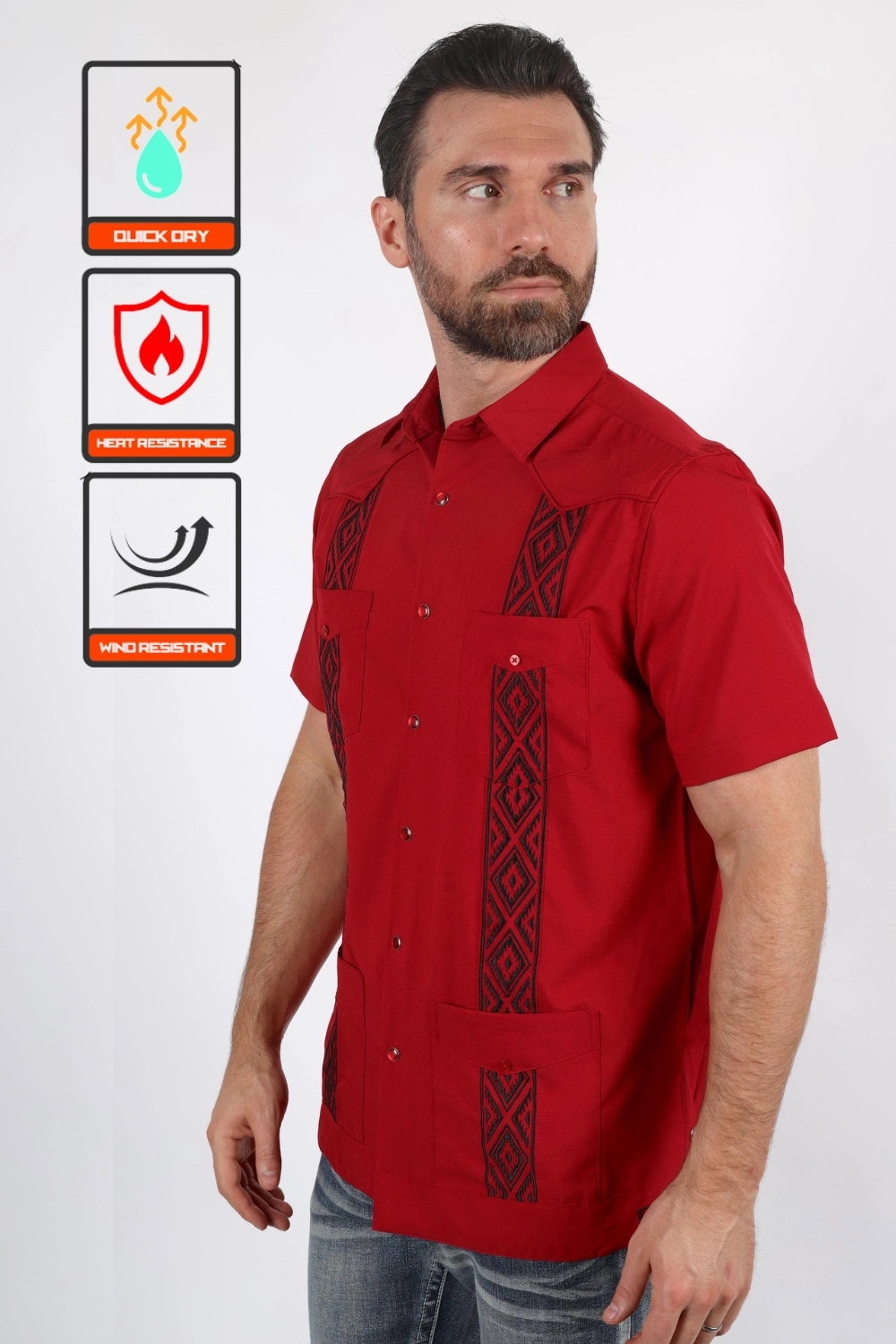 Men's Modern Red GUAYABERA Shirt Comfort Stretch Nautical Look