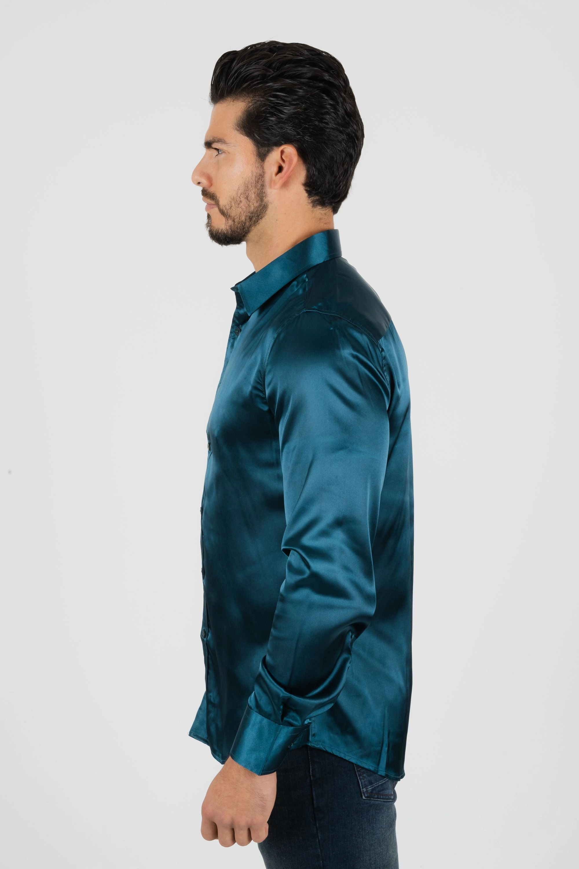 Men's Satin Teal Dress Shirt Bold Pattern Workwear Essential