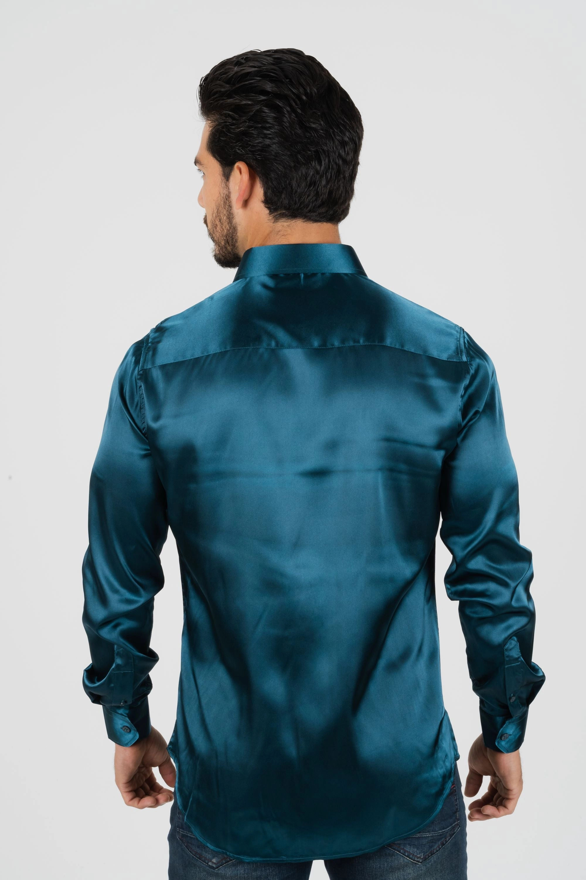 Thermal Regulation Fabric Men's Satin Teal Dress Shirt