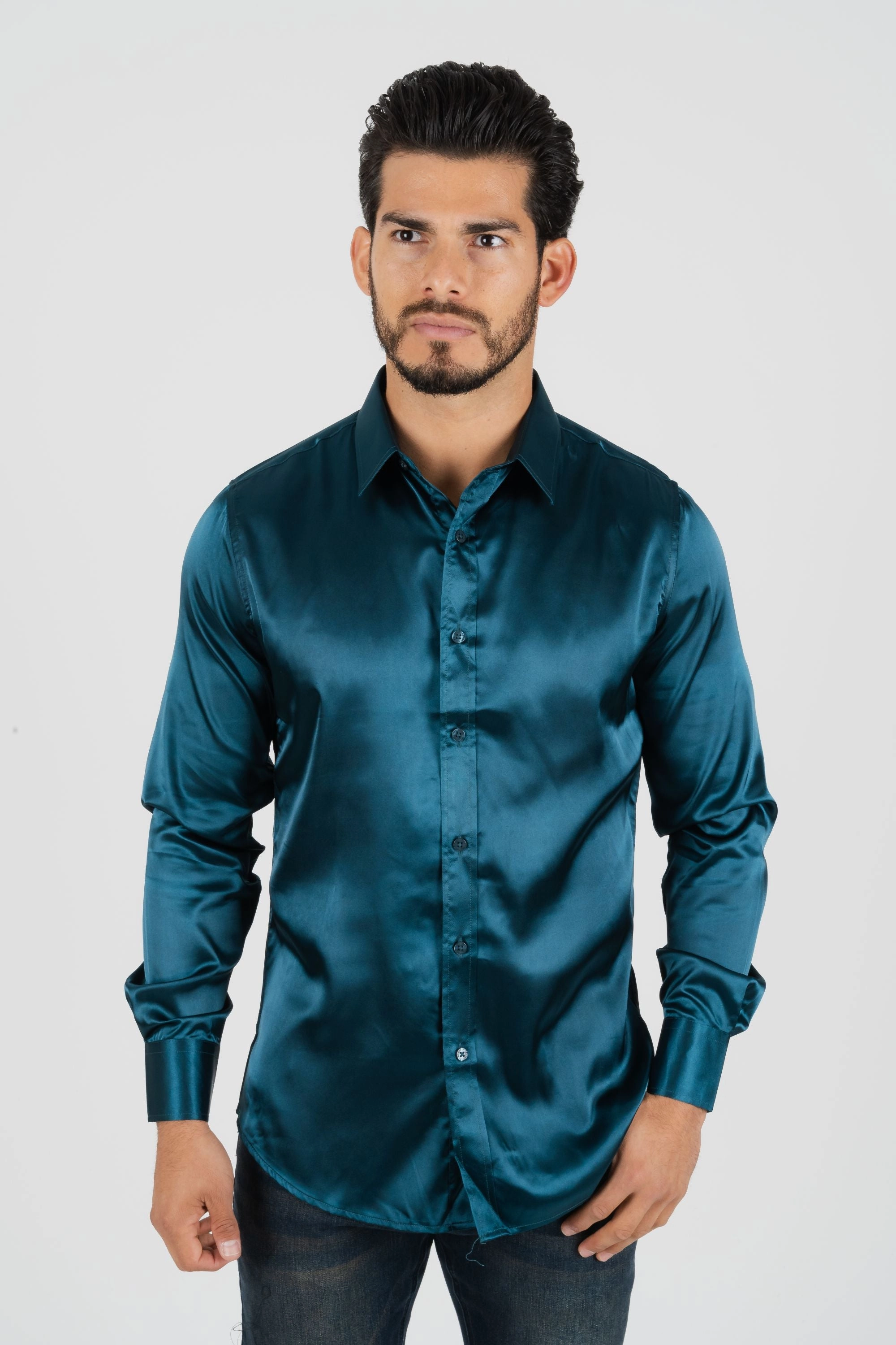 Men's Satin Teal Dress Shirt Polished Placket Evening Elegance