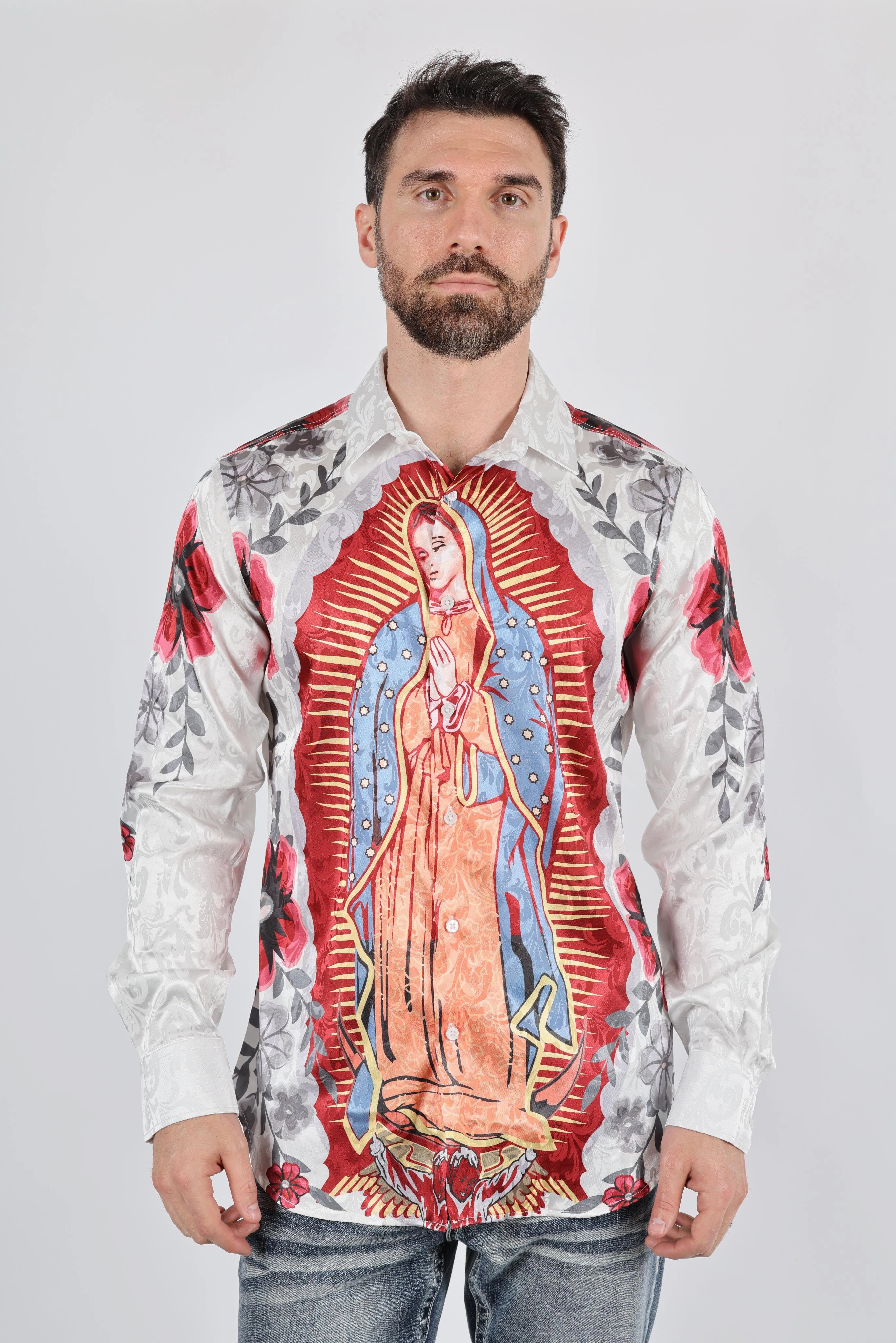 Layered Collar Mens Jacquard Fabric Modern Fit GUADALUPE Print Shirt