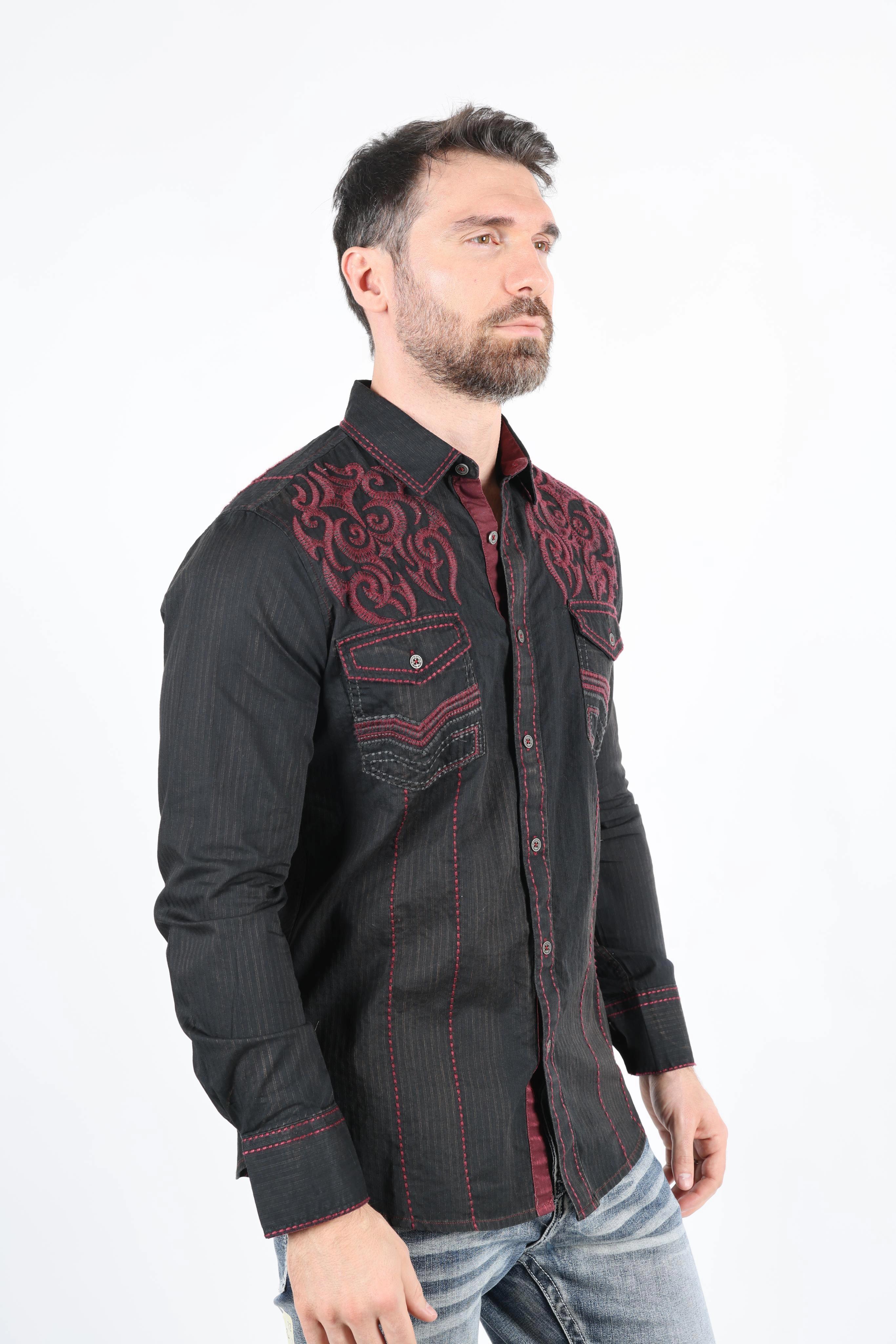 Mens Vintage Washed 2-tone Embroidery Modern Fit Stretch Shirt Pure Cotton Flexible Wear