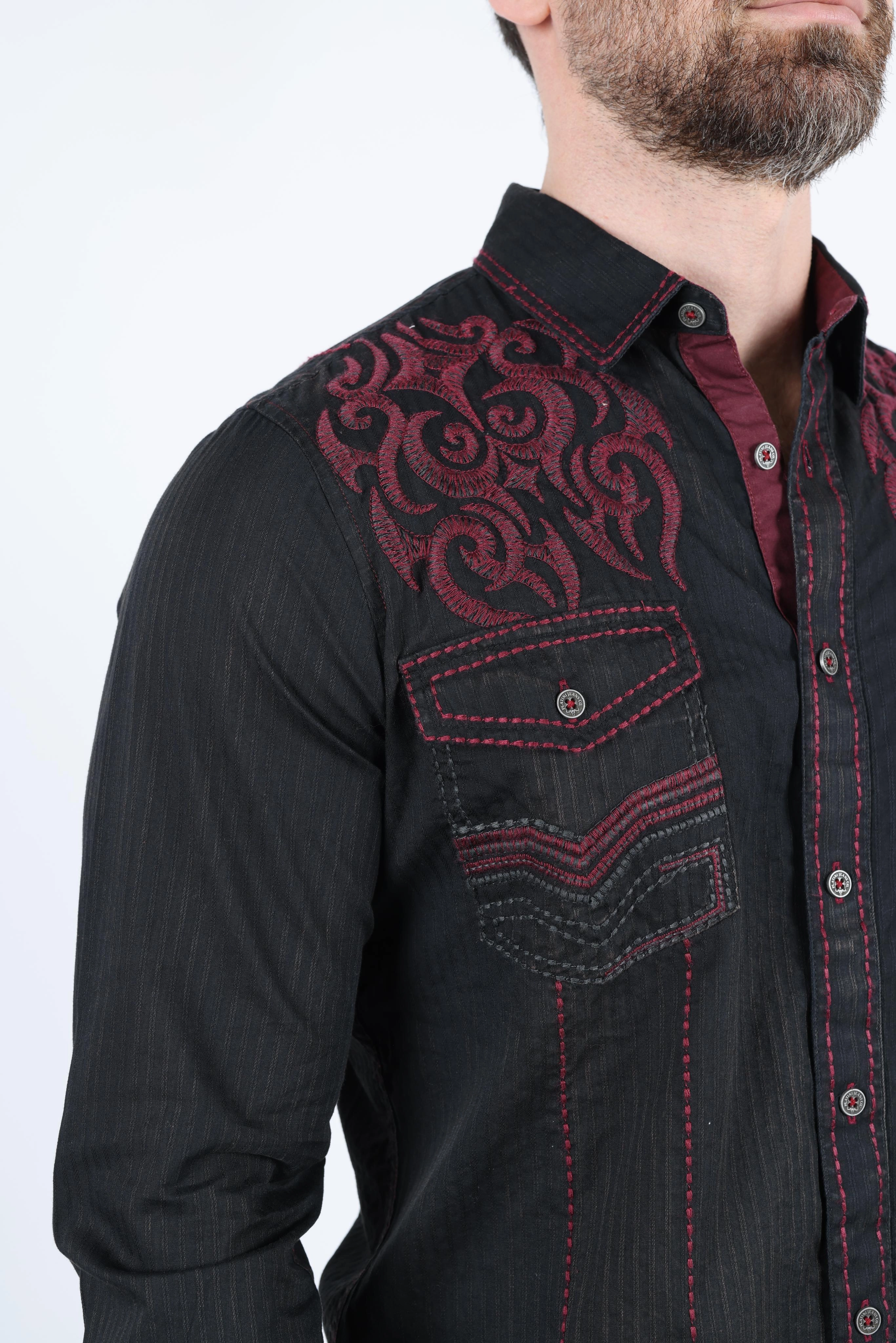 Eco Friendly Material Sports Ready Mens Vintage Washed 2-tone Embroidery Modern Fit Stretch Shirt