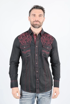 Mens Vintage Washed 2-tone Embroidery Modern Fit Stretch Shirt Hiking Gear