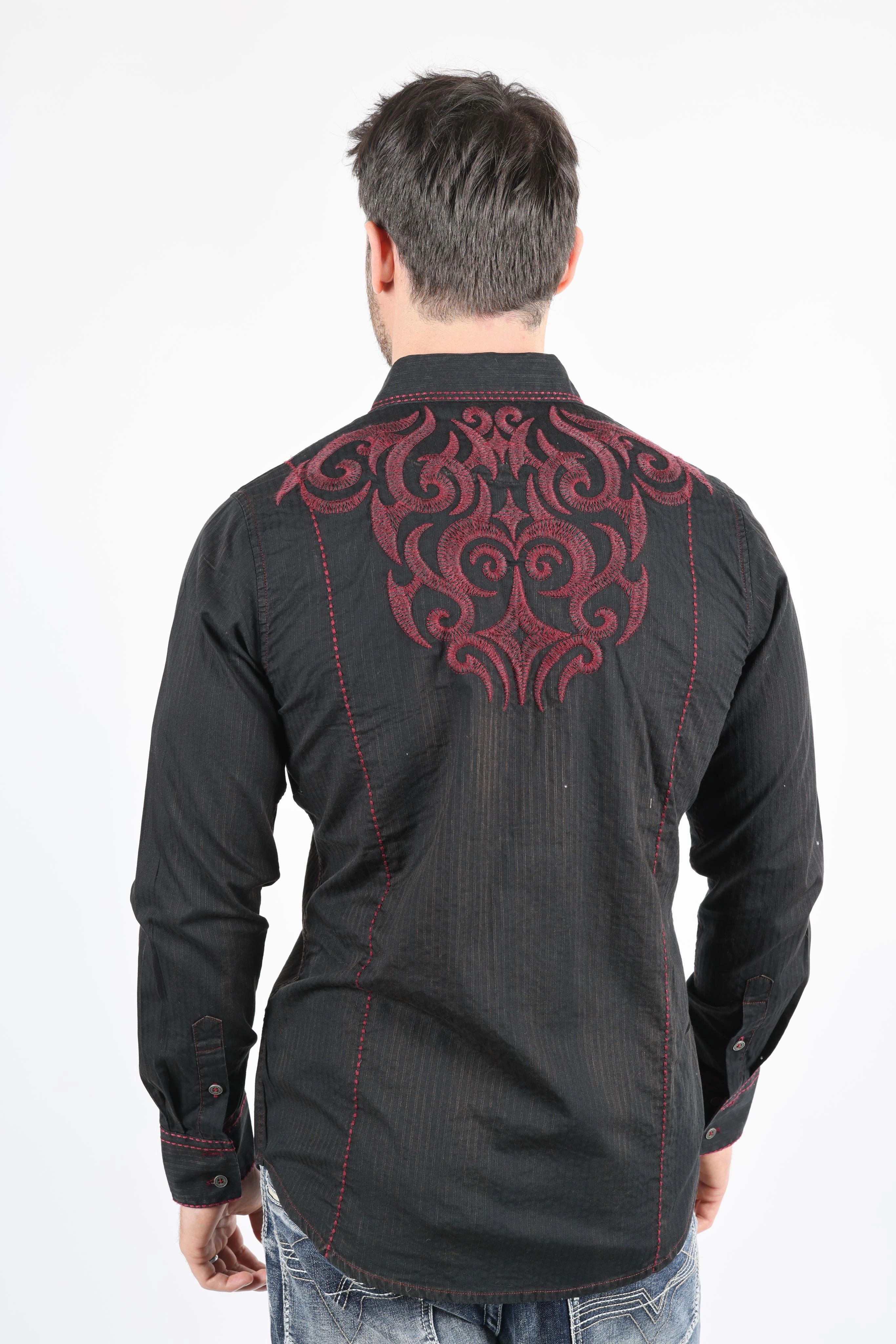 Smart Casual Wear Perfect Look Mens Vintage Washed 2-tone Embroidery Modern Fit Stretch Shirt