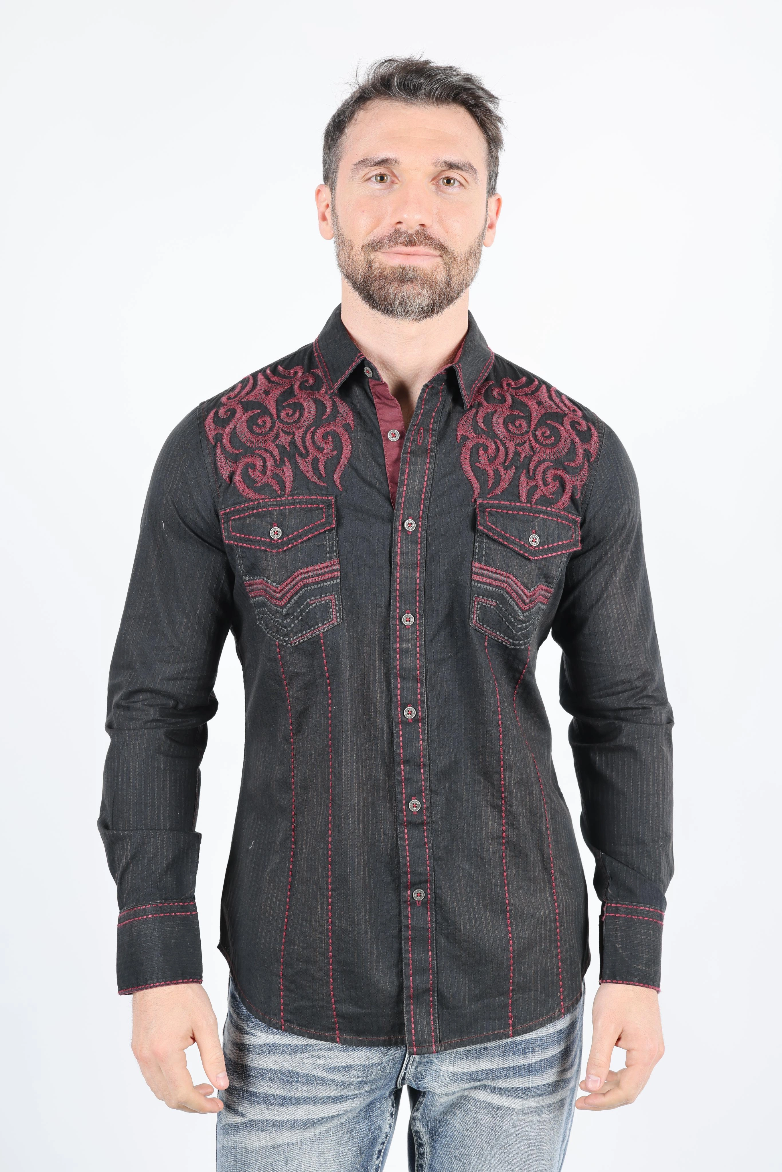 Mens Vintage Washed 2-tone Embroidery Modern Fit Stretch Shirt Hiking Gear