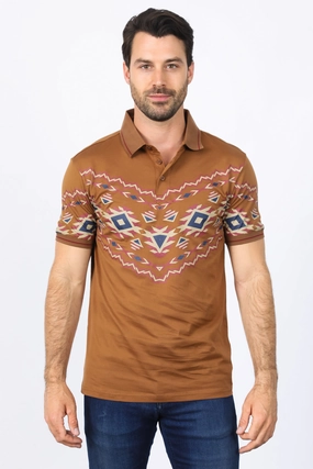 Men's Camel Aztec Panoramic Print Polo Elegant Touch