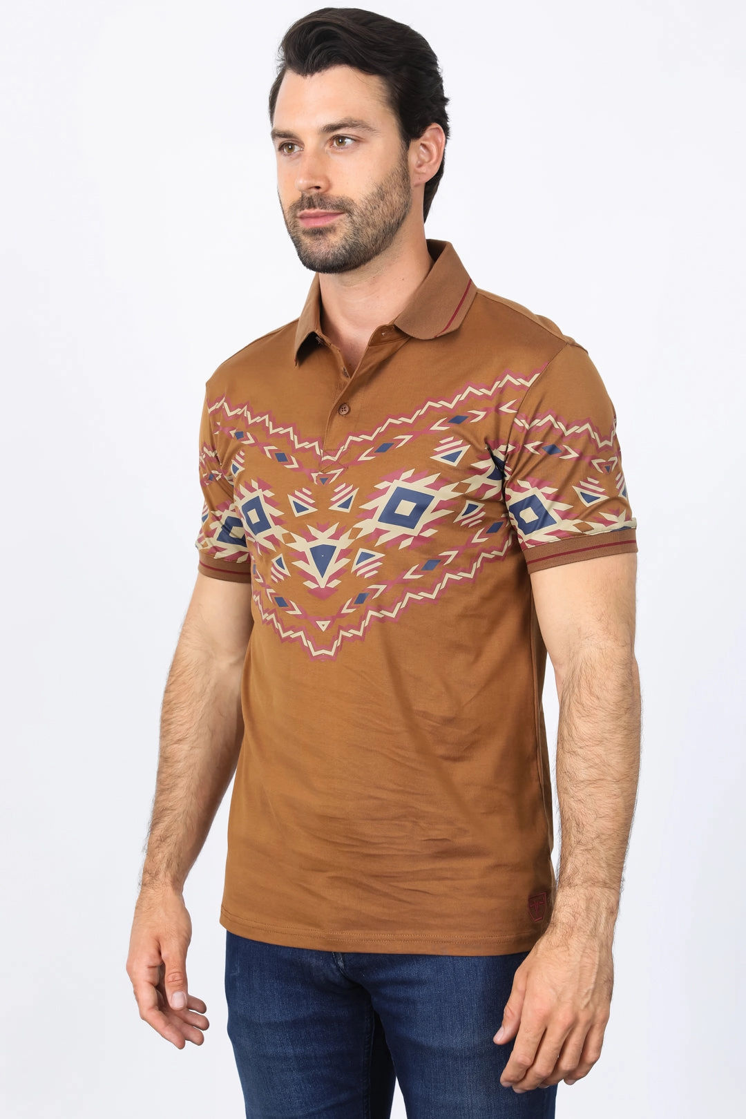 Men's Camel Aztec Panoramic Print Polo Breathable wear